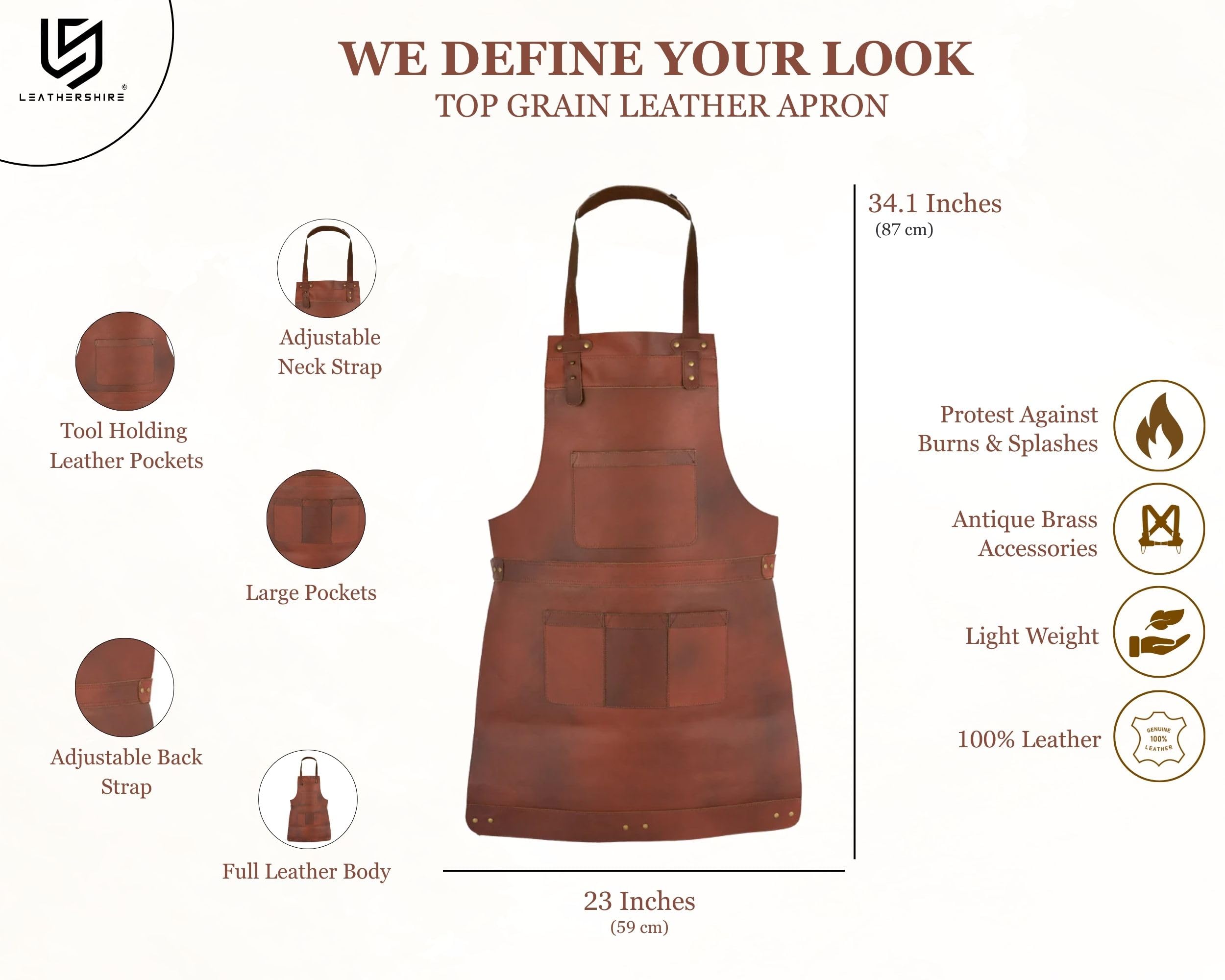 Tablier de boucher en cuir véritable - Tablier de cuisine - Tablier de barbecue - Tablier de barbecue - Tablier de forgeron - Tablier pour papa, marron, taille unique
