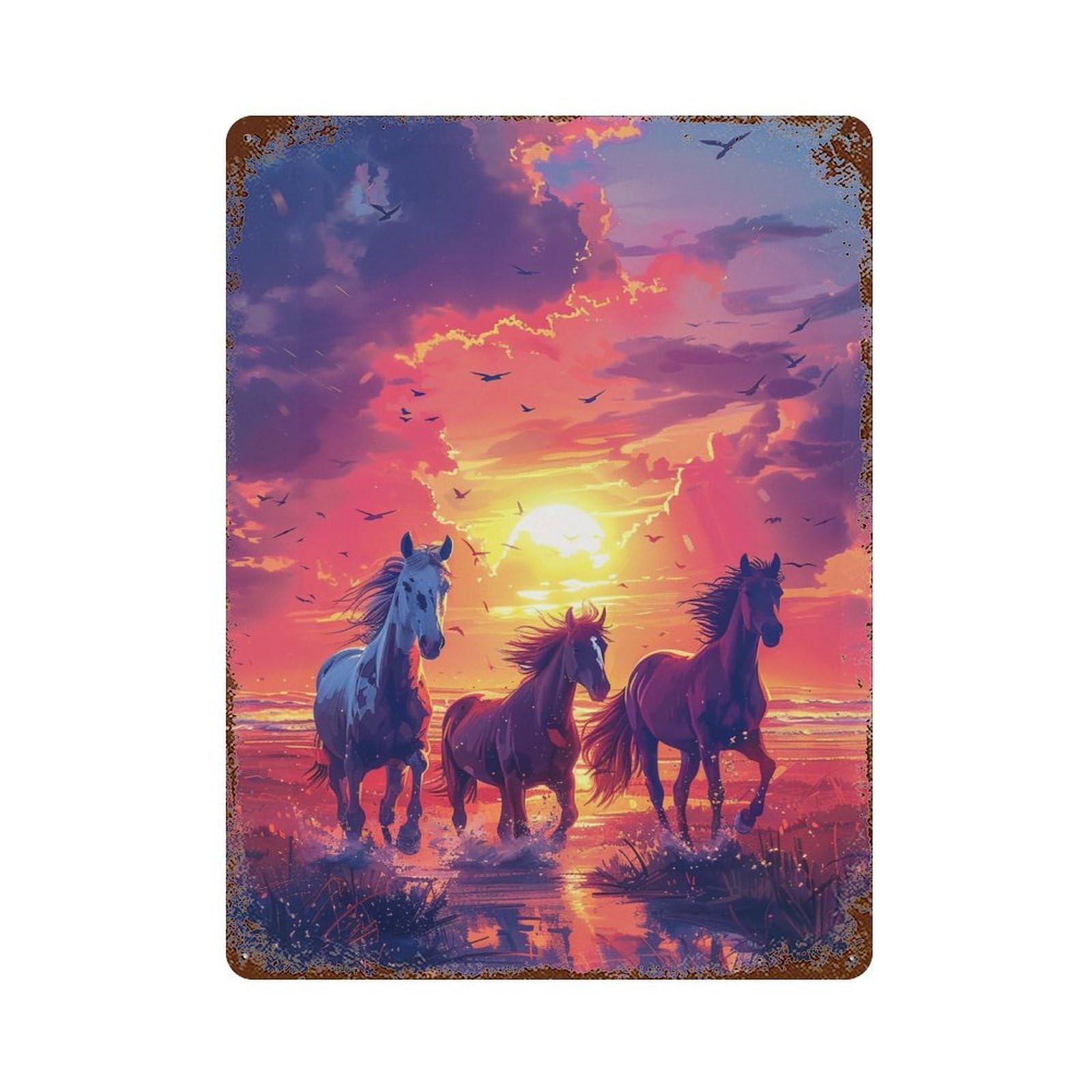 Garage Style Sunset Horse Run Distressed Metal Wall Sign 15.7"x11.8", Retro Wall Decor for Bar And Workshop