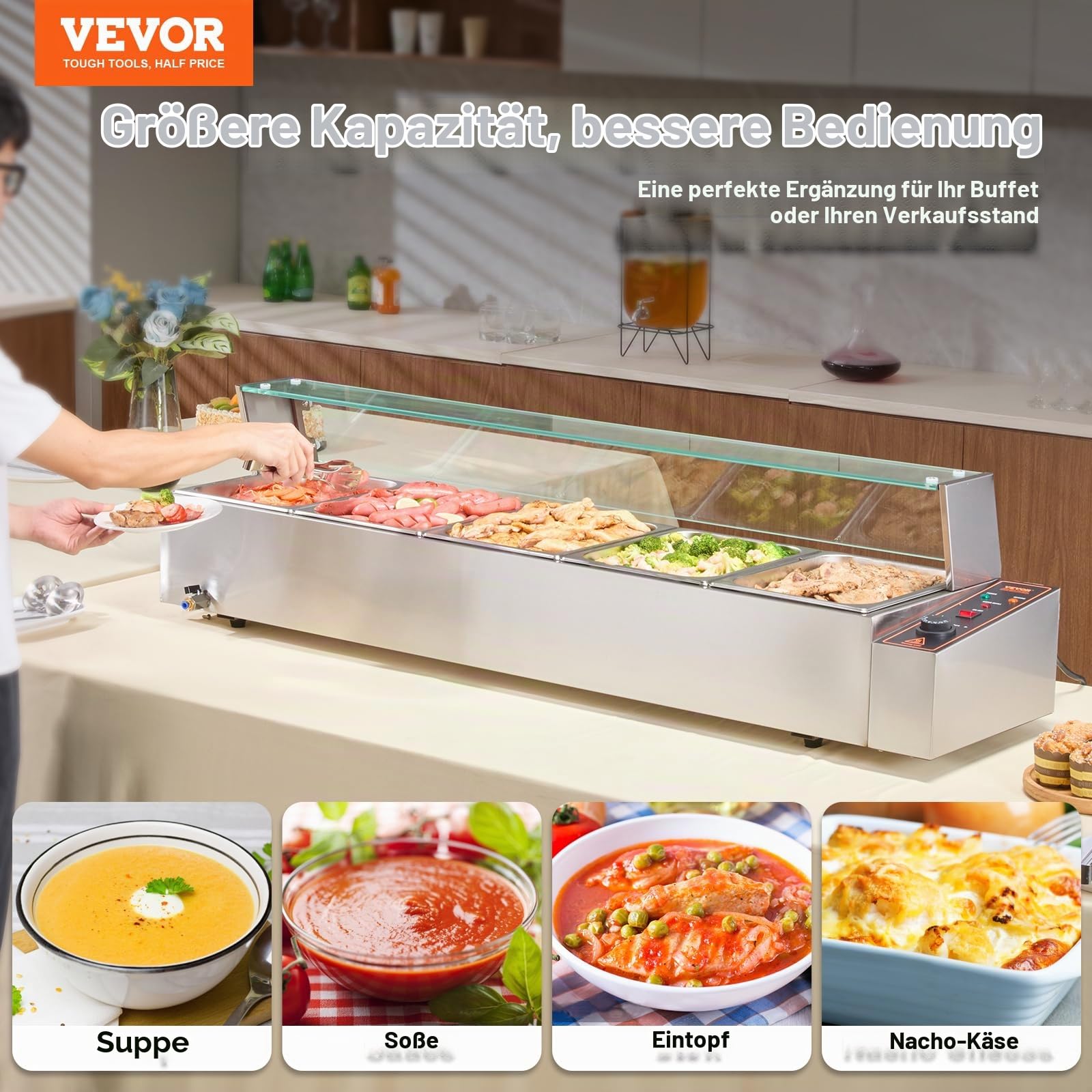 VEVOR Kommerzieller Speisenwärmer mit 5 x 8 Qt Behältern, elektrischer Dampftisch mit Glasabdeckung, 1700 W Arbeitsplatte aus Edelstahl, Buffet-Bain-Marie, 30–85 °C Temperaturregelung für Gastronomie
