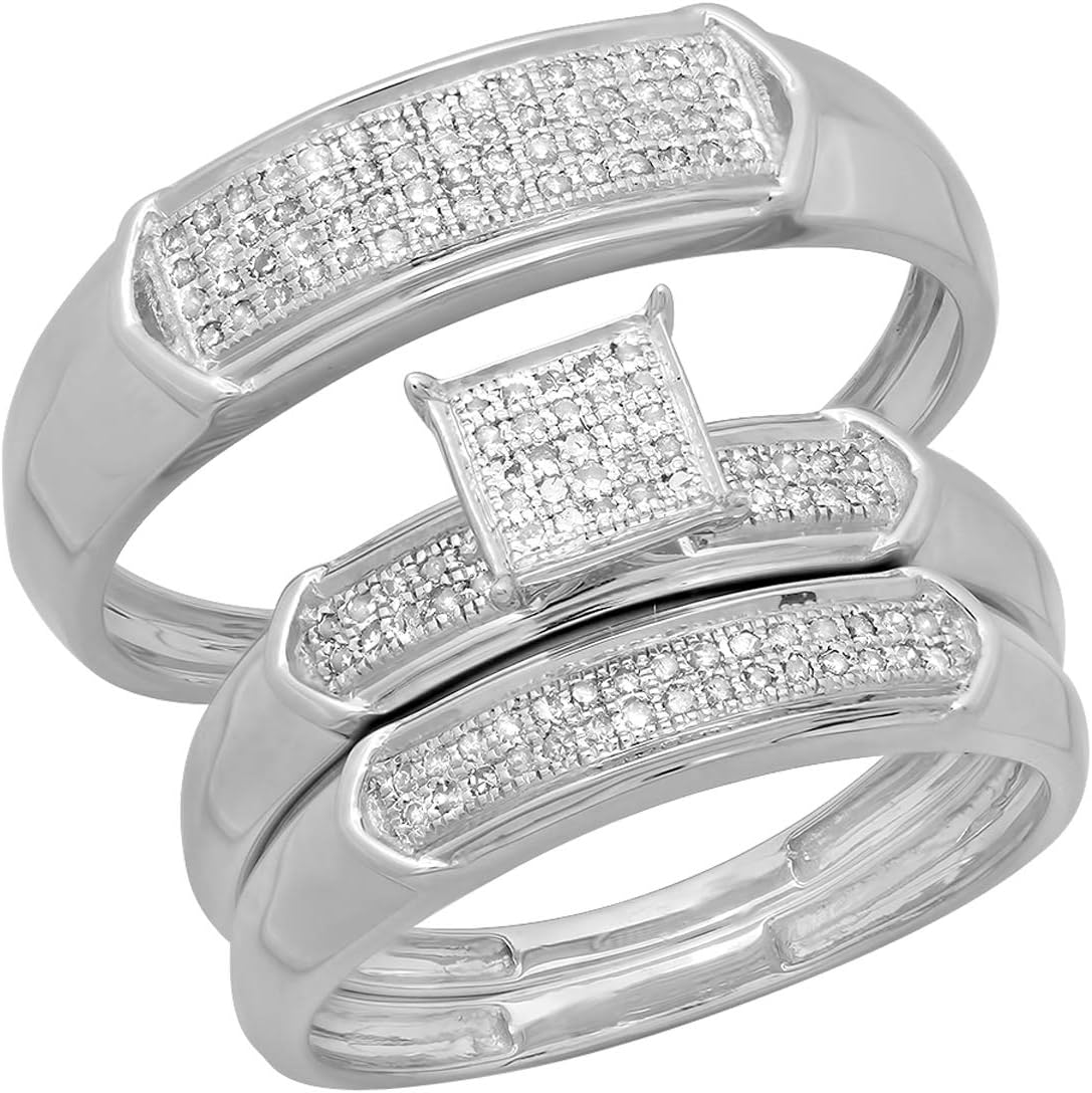 Dazzlingrock Collection 0.30 Ctw Round White Natural Diamond Men & Women's Micro Pave Trio Bridal Wedding Set 10K White Real Solid Gold
