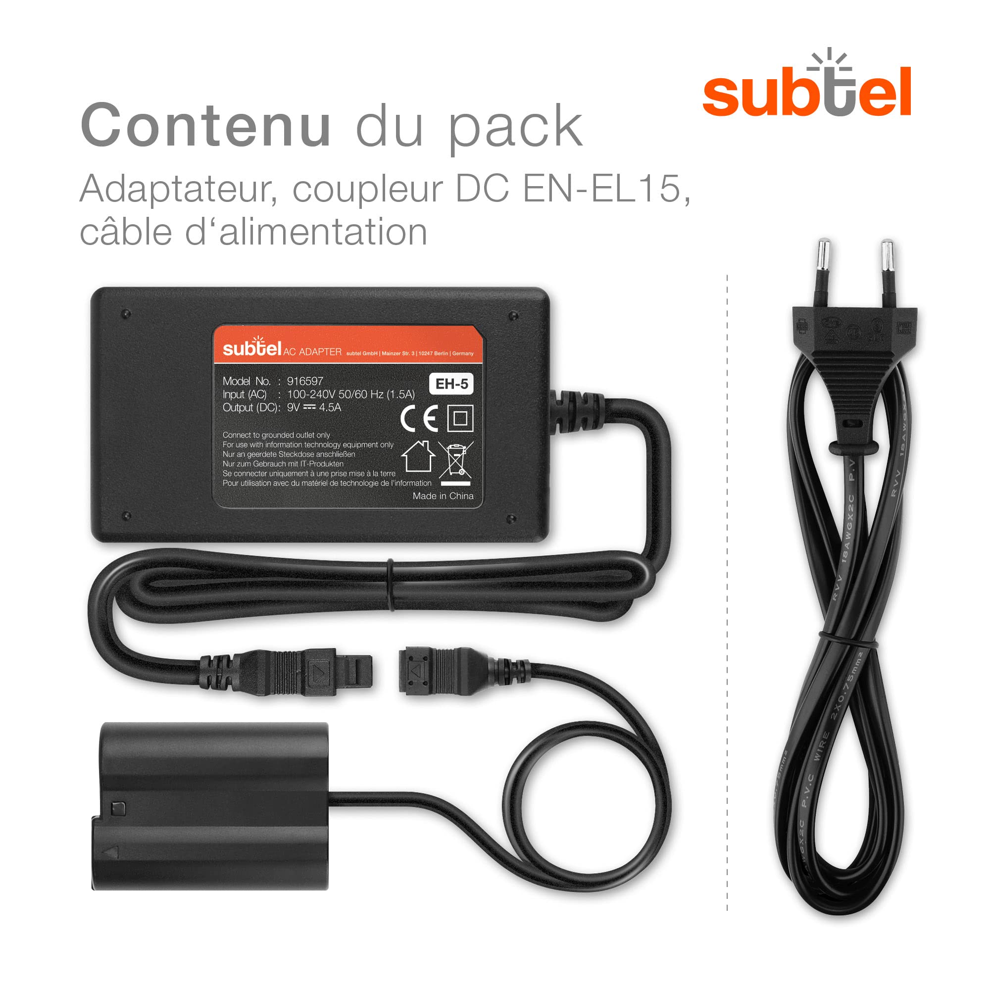 subtel Alimentation + Coupleur DC accumulateur factice Appareil Photo EH-5 + EP-5B, EH-5a EH-5b EH-5c Compatible avec DC Coupler, Accu Dummy ca. 3,5m Charge Timelapse