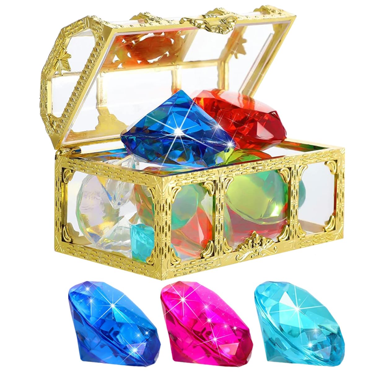 60pièces Jouets Gemmes Artificielles pour Plongée Piscine avec Coffre Trésor Modèles De Diamants sous-Marins