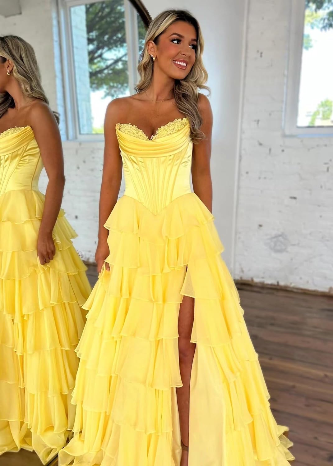 GATMAHE Strapless Corset Prom Dresses for Women Tiered Chiffon A Line Long Formal Evening Gowns with Slit