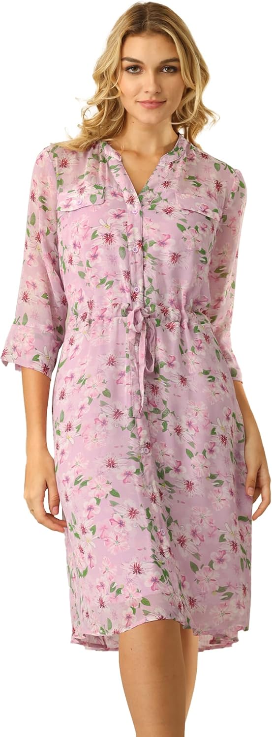 Hobemty Women's 3/4 Sleeve Floral Dress V Neck Button Up Chiffon A-Line Flowy Summer Dresses
