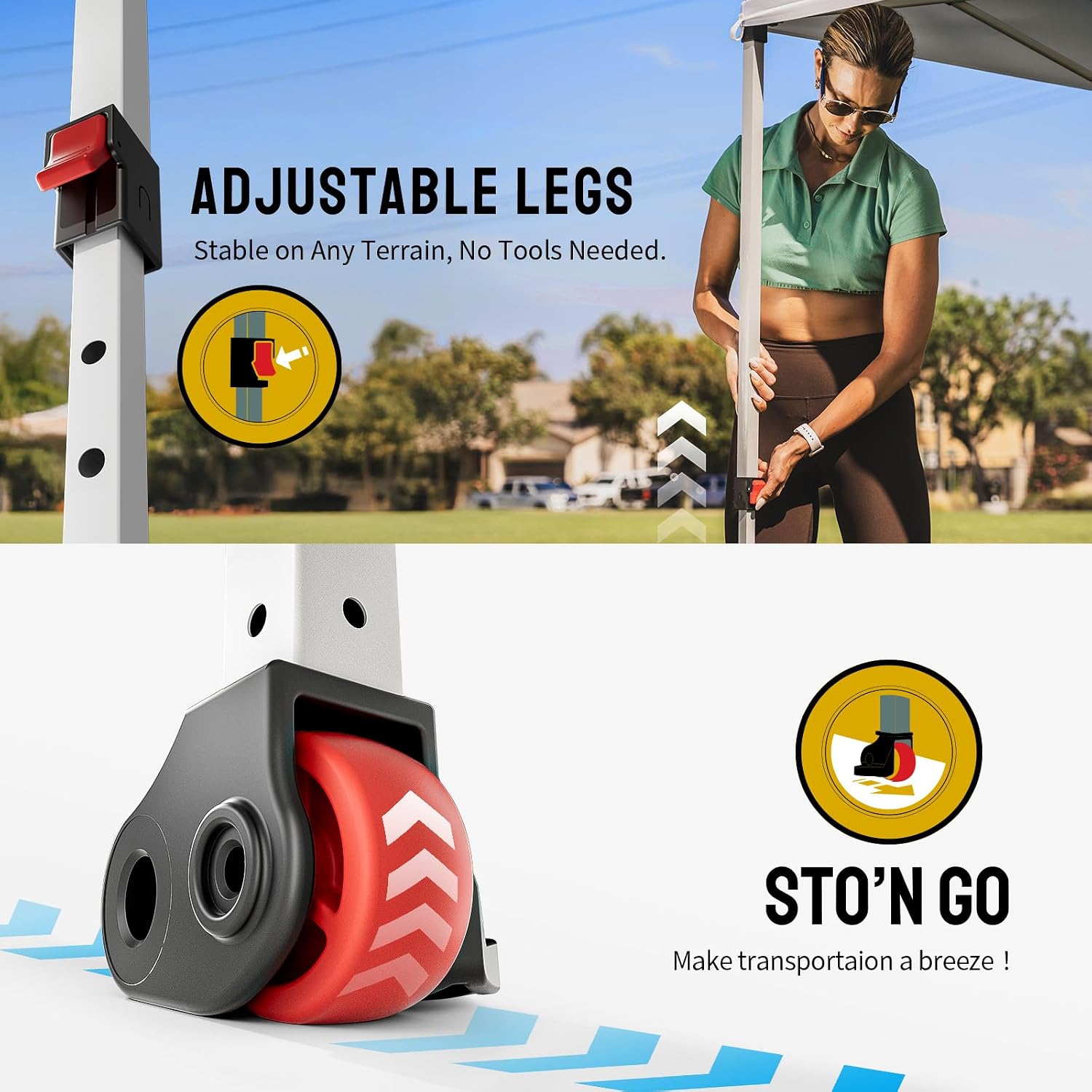 Image showing adjustable legs with a red button for height adjustment and a wheel on the bottom for transport.