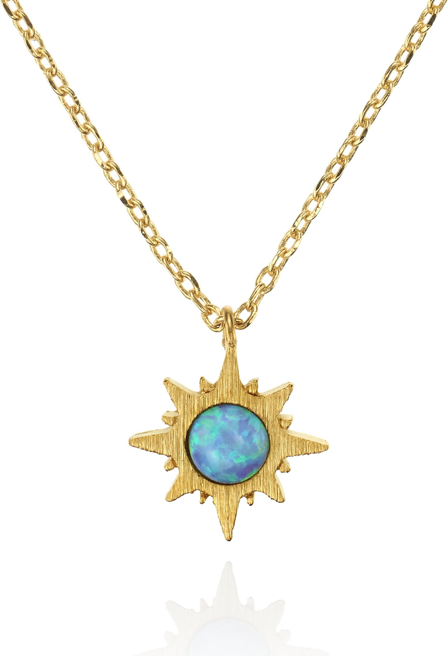 namanaSunburst Opal Pendant Necklace. Dainty Brushed Finish 14 Carat Gold Plated Sun Jewellery Necklace with a Created Opal. Nickel Free and Lead Free Necklace with Mini Sunburst Pendant.