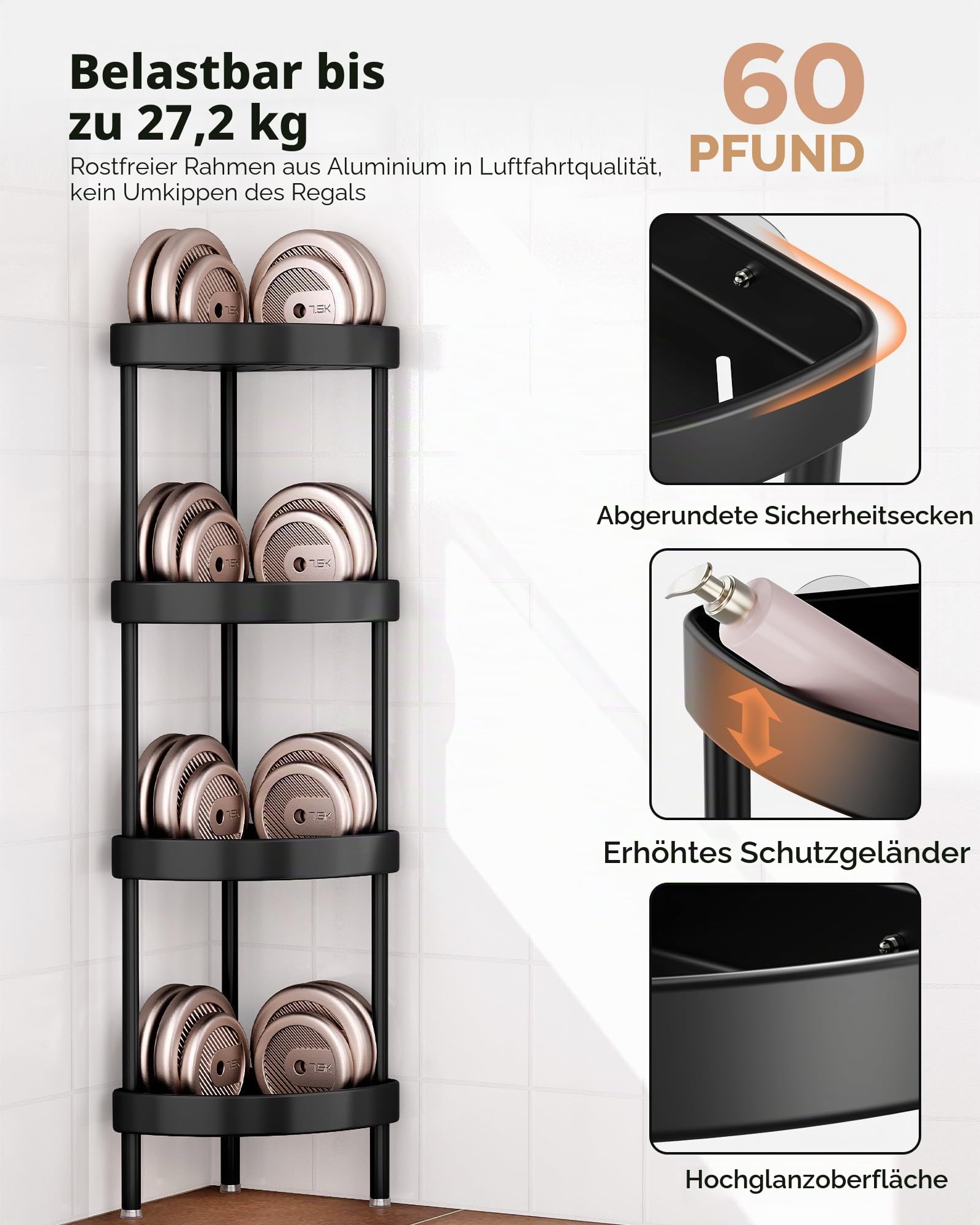 Nieifi Badregal mit 4 Ebenen,Rostfreies Eloxiertes Aluminium,Für badezimmer | Eckregal Bad,Badregal Stehend für Badezimmer Doppelte Stabilität Gegen Wackeln – Höhenverstellbare Beine für Unebene