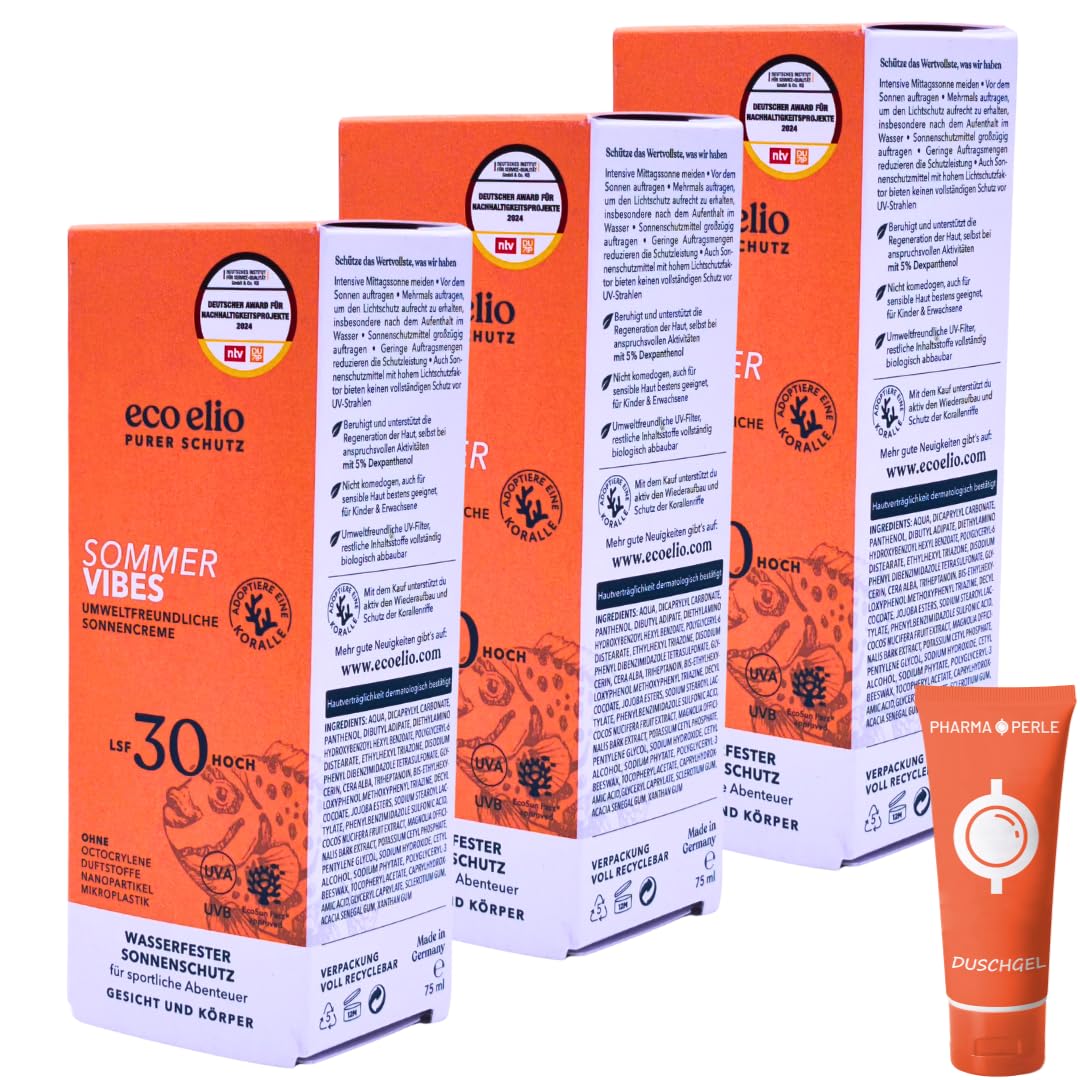 eco elio Sommer Vibes LSF 50, 3x 75 ml I Wasserfeste Sonnencreme mit 5 % Dexpanthenol I Für Sport, Schwimmen & Outdoor I Nicht fettend, ohne Duftstoffe I Spar-Set plus Pharma Perle give-away