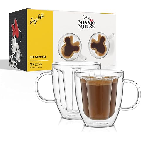 JoyJolt Disney Minnie Mouse 3D Double Wall Glass Mugs with Handles, 13oz Glass Coffee Cups Set of 2, Insulated Clear Glasses for Tea or Latte, Disney Glasses