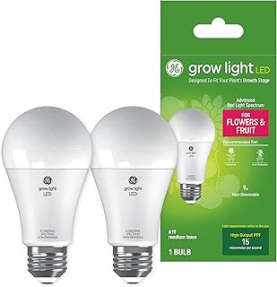 GE Lighting Grow Light for Plants, LED Light Bulb for Flowers and Fruiting, Advanced Red Light Spectrum, High Output PPF 15 Micromoles Per Second, A19 Light Bulb (2 Pack)
