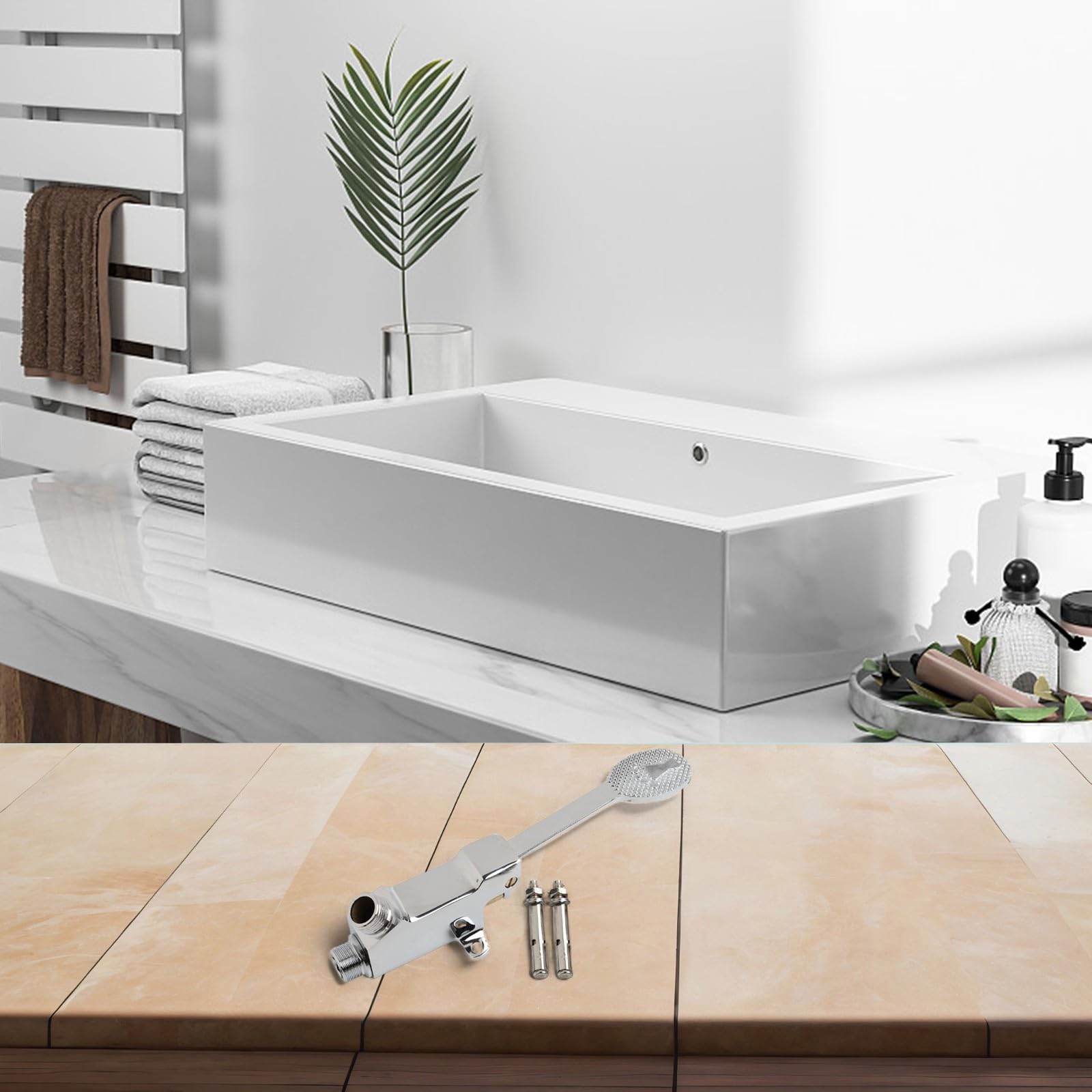 Válvula de control de pedal comercial para grifo de lavabo de baño, construcción de cobre y acero inoxidable 304, flujo de agua manos libres con entrada y salida G1/2 pulgadas,