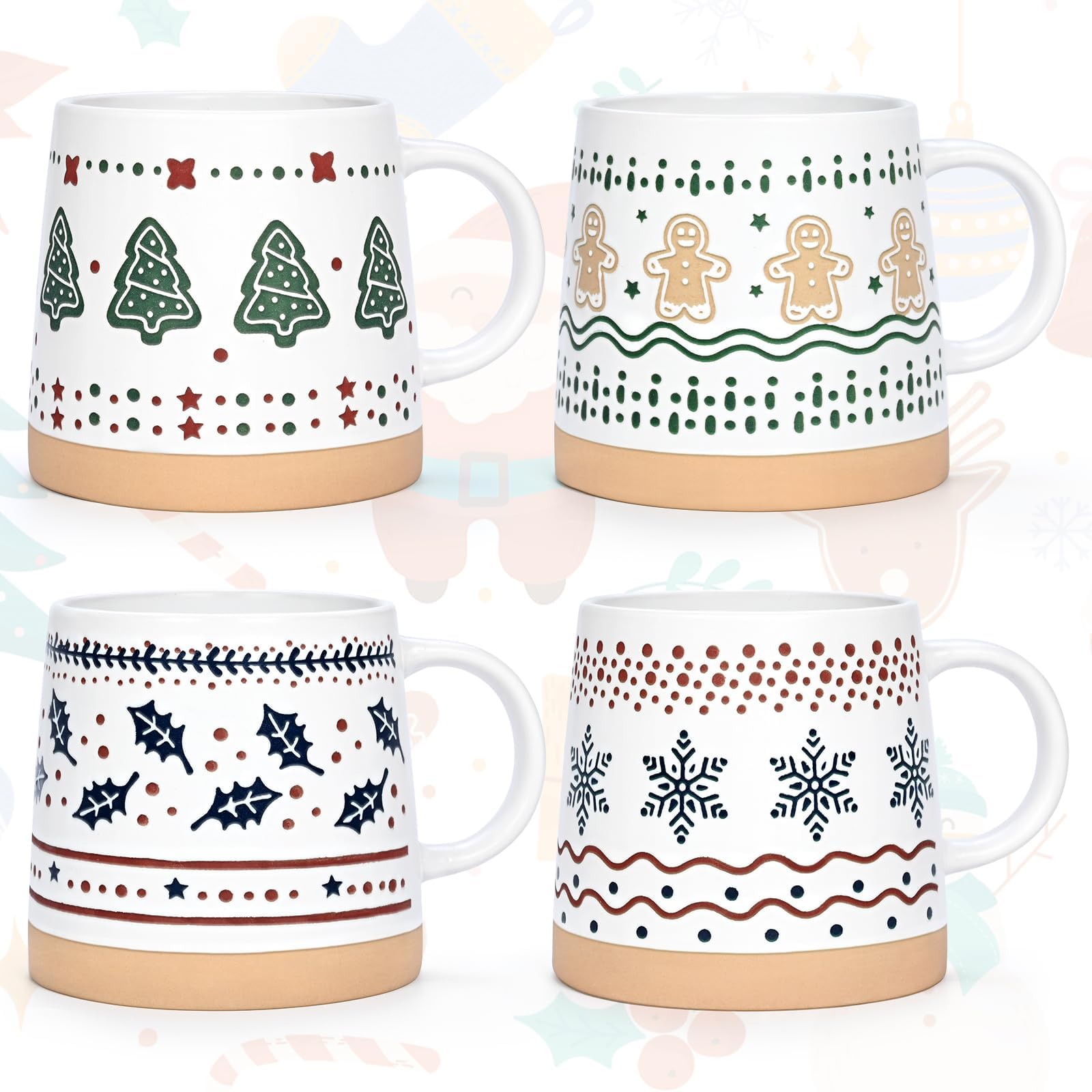 Joymaking Tasse Weihnachten Set Weihnachtsgeschenke für Frauen Freunde Kaffeetasse mit Weihnachtsbaum Schnee Lebkuchenmann Weihnachtstasse für heißen Kakao Glühwein, 400ml 4er Set Weihnachtstassen