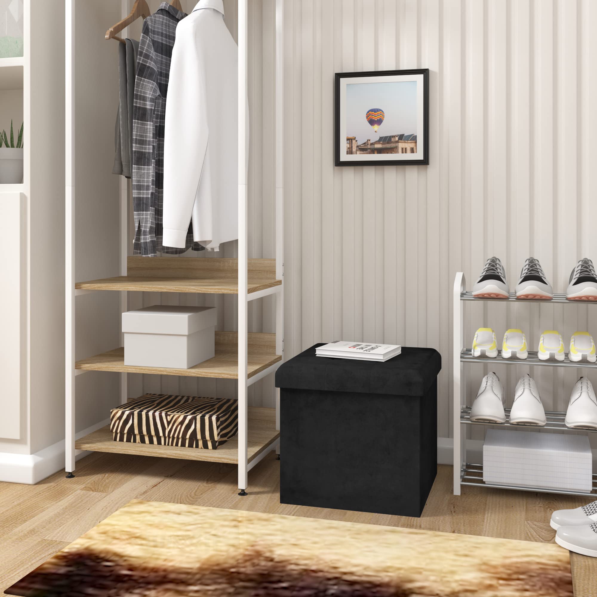WOLTU Lot de 2 Tabouret Pouf Pliable, Coffre de Rangement Cubique, en Velours, 37,5x37,5x38cm, Noir