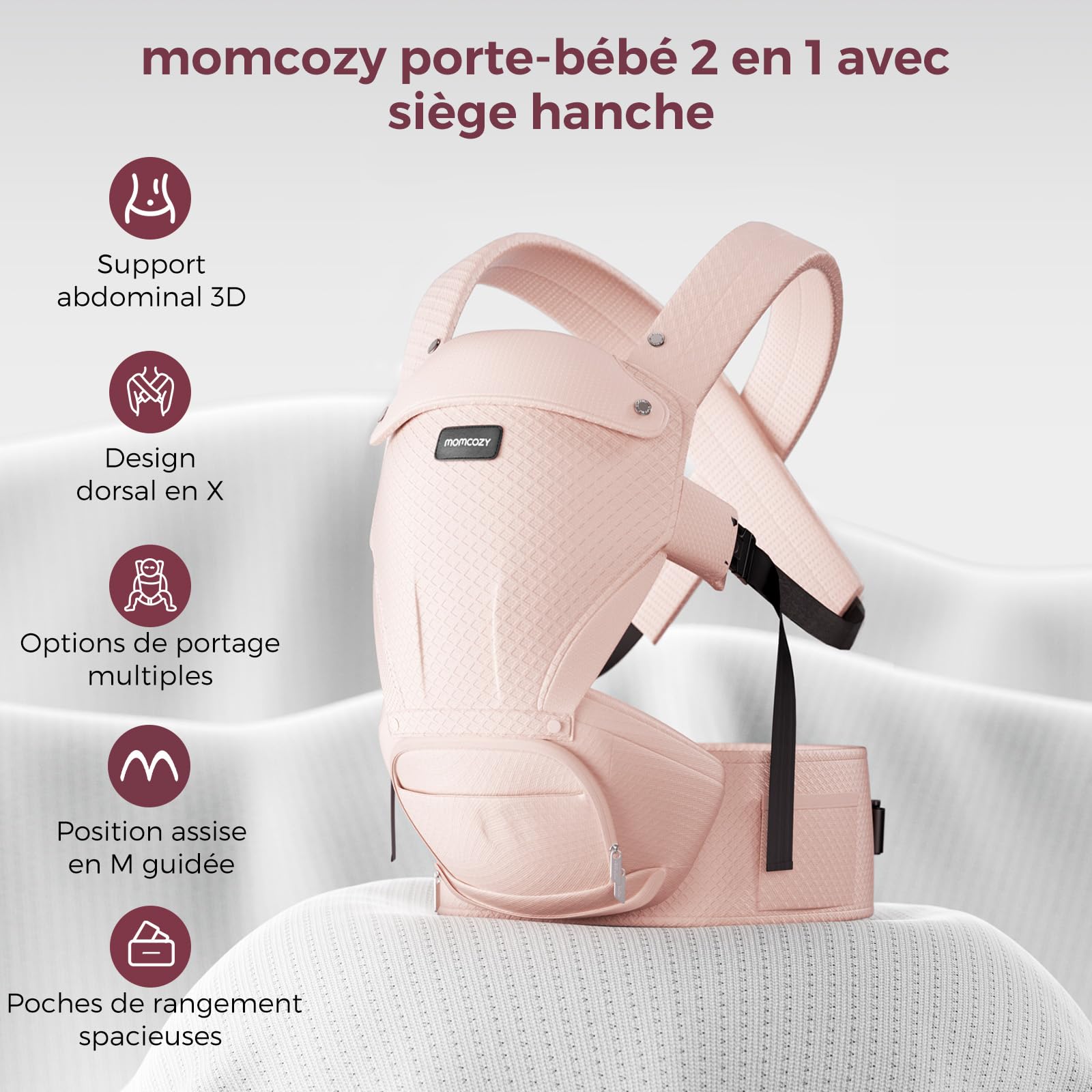 Momcozy Nosidełko dziecięce z poduszką na biodra, 2 w 1, regulowane i zdejmowane, do 20 kg, różowe