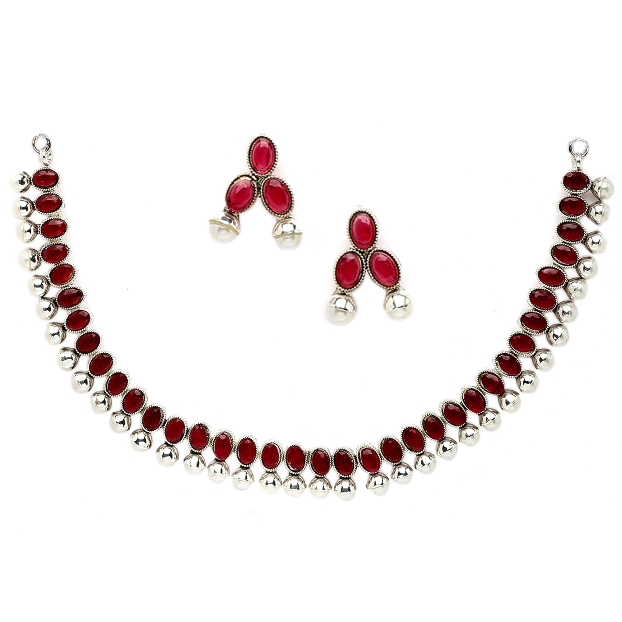 Antique Oxidised Silver Plated Traditional Temple Coin Red American Diamond Studded Necklace With Earrings Jewellery For Women & Girls