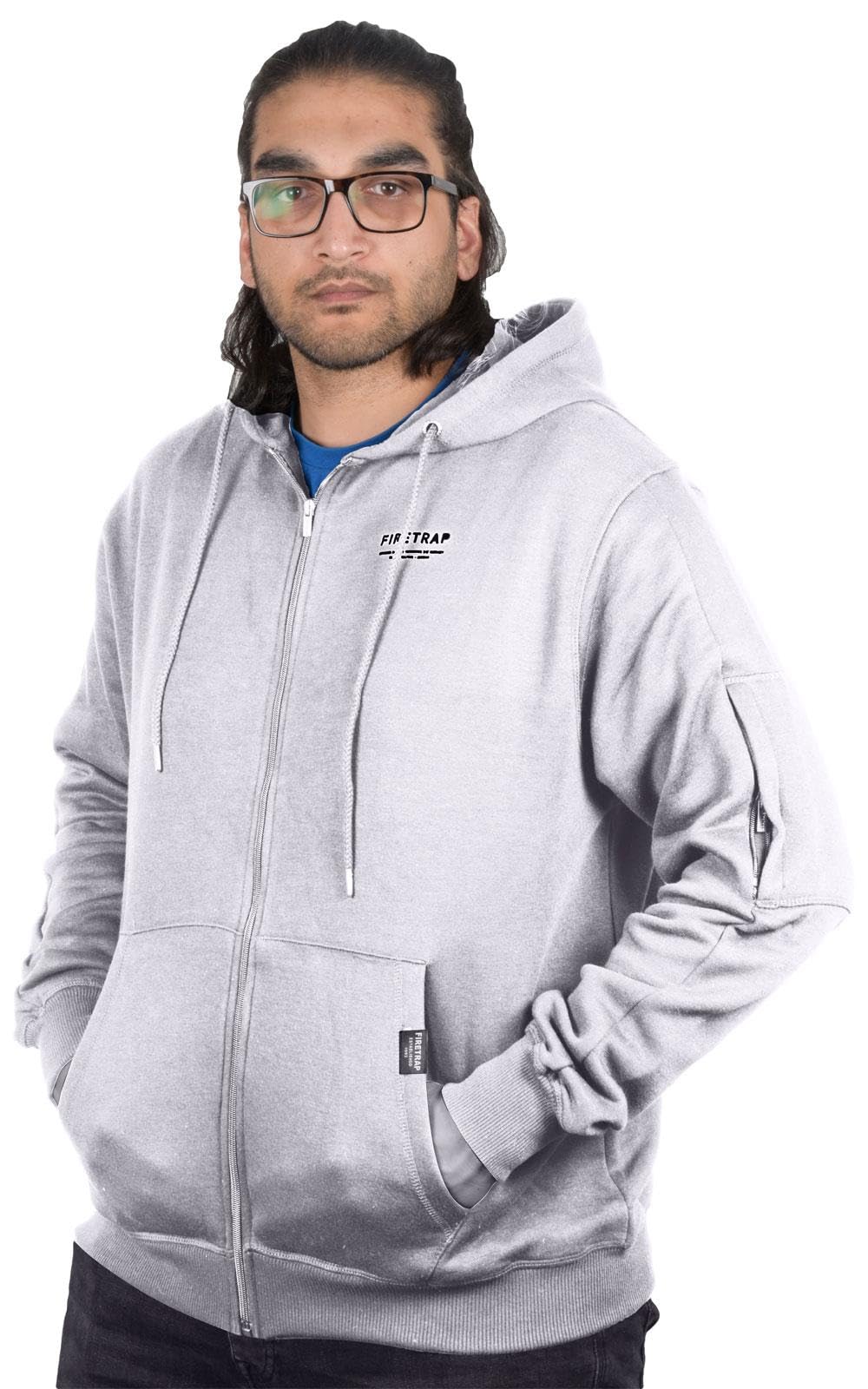 Firetrap Men's Grey Hoodie Zip Up Plain Fleece Sweatshirt Polycotton Full Zip Gym Jacket Top With Hood – Casual Outdoor Fitness Zipper Hoody For M