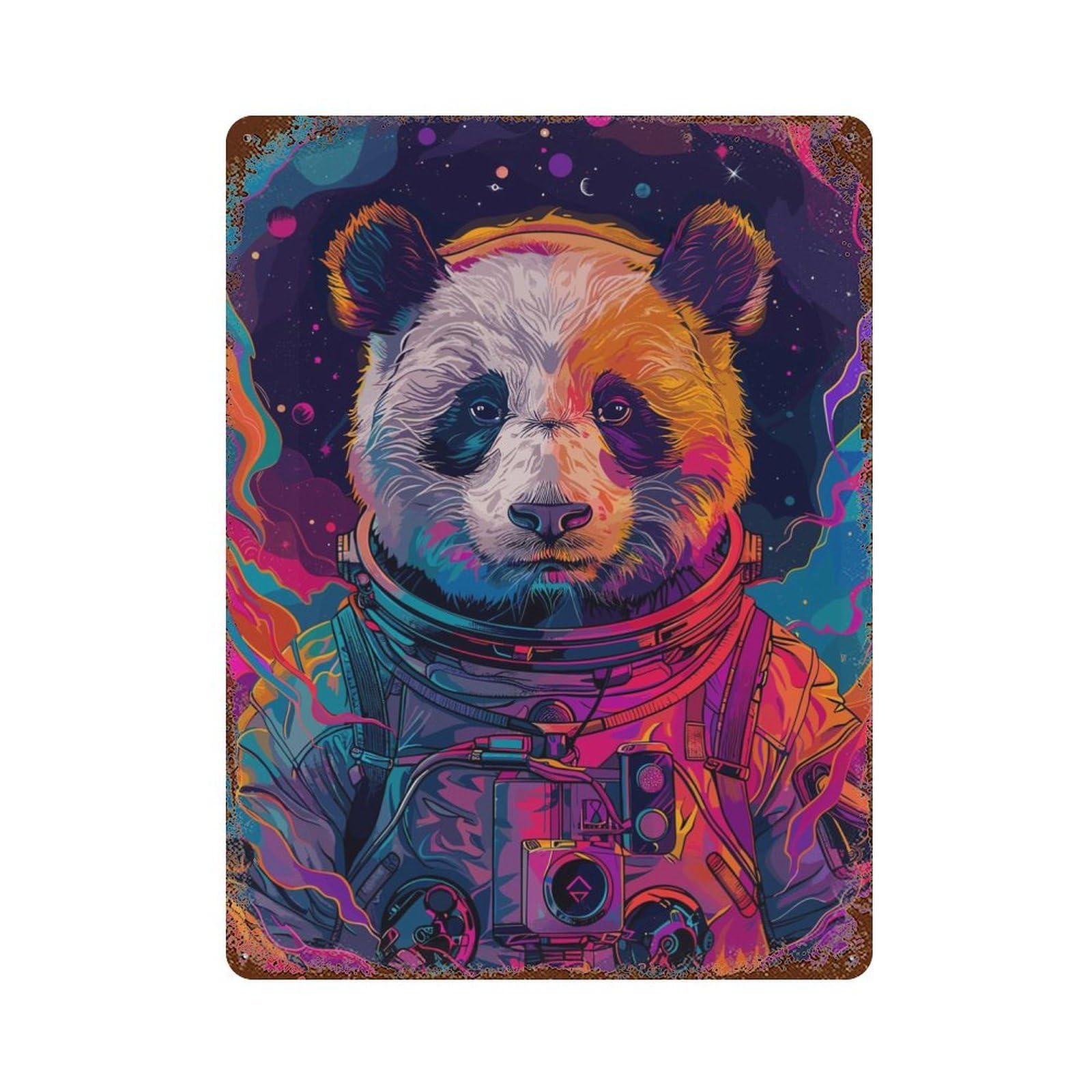 Astronaut Space Panda Vintage Wall Sign 15.7"x11.8", Rust Effect Metal Decor for Office, Studio And Wall Decor