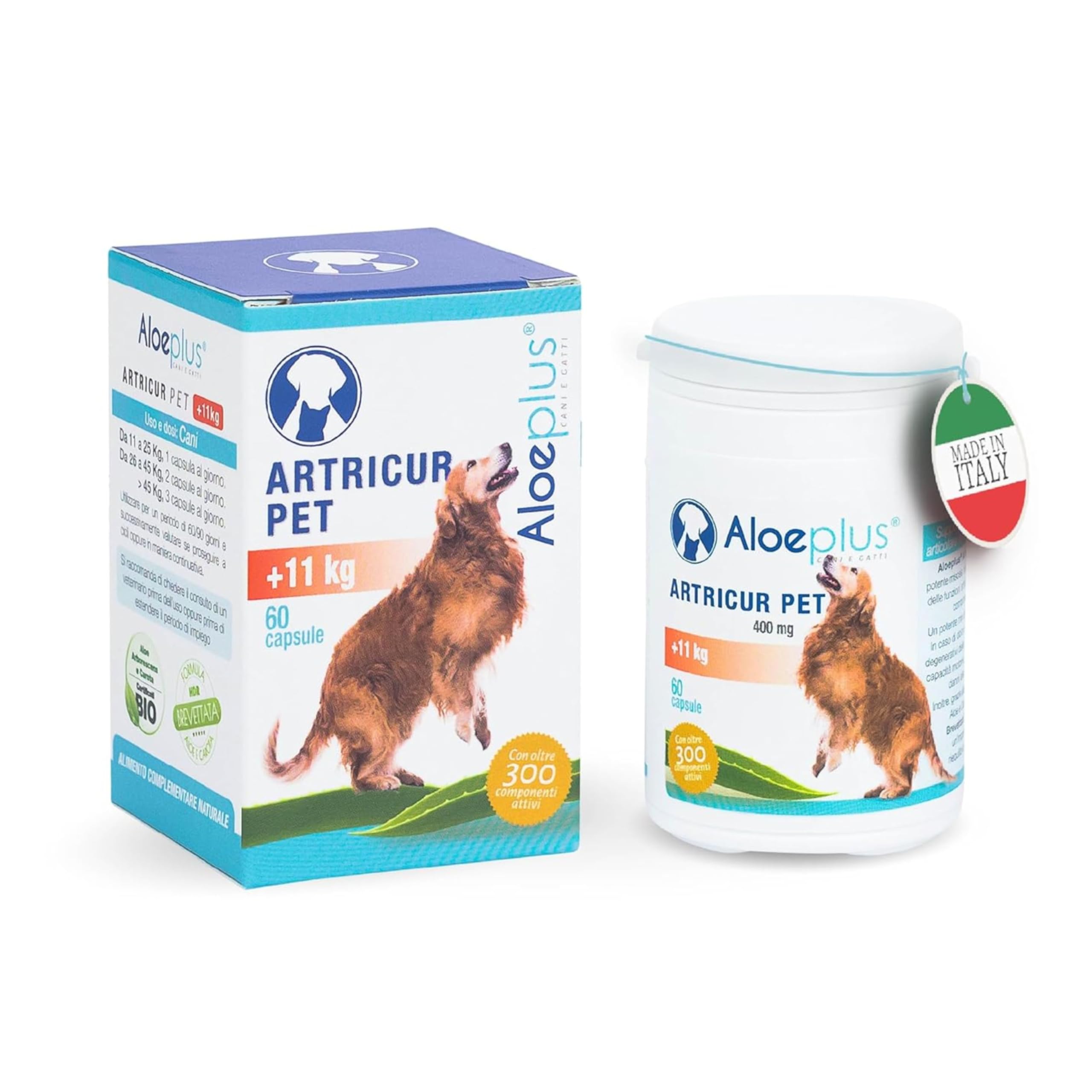 ALOEPLUS Artricur Pet Integratore Articolazioni Cane 11+ Kg - 100% Naturale con Aloe Arborescens BIO, Spirulina, Boswellia e Artiglio del Diavolo, Rinforza e Protegge le Articolazioni, 60 Capsule