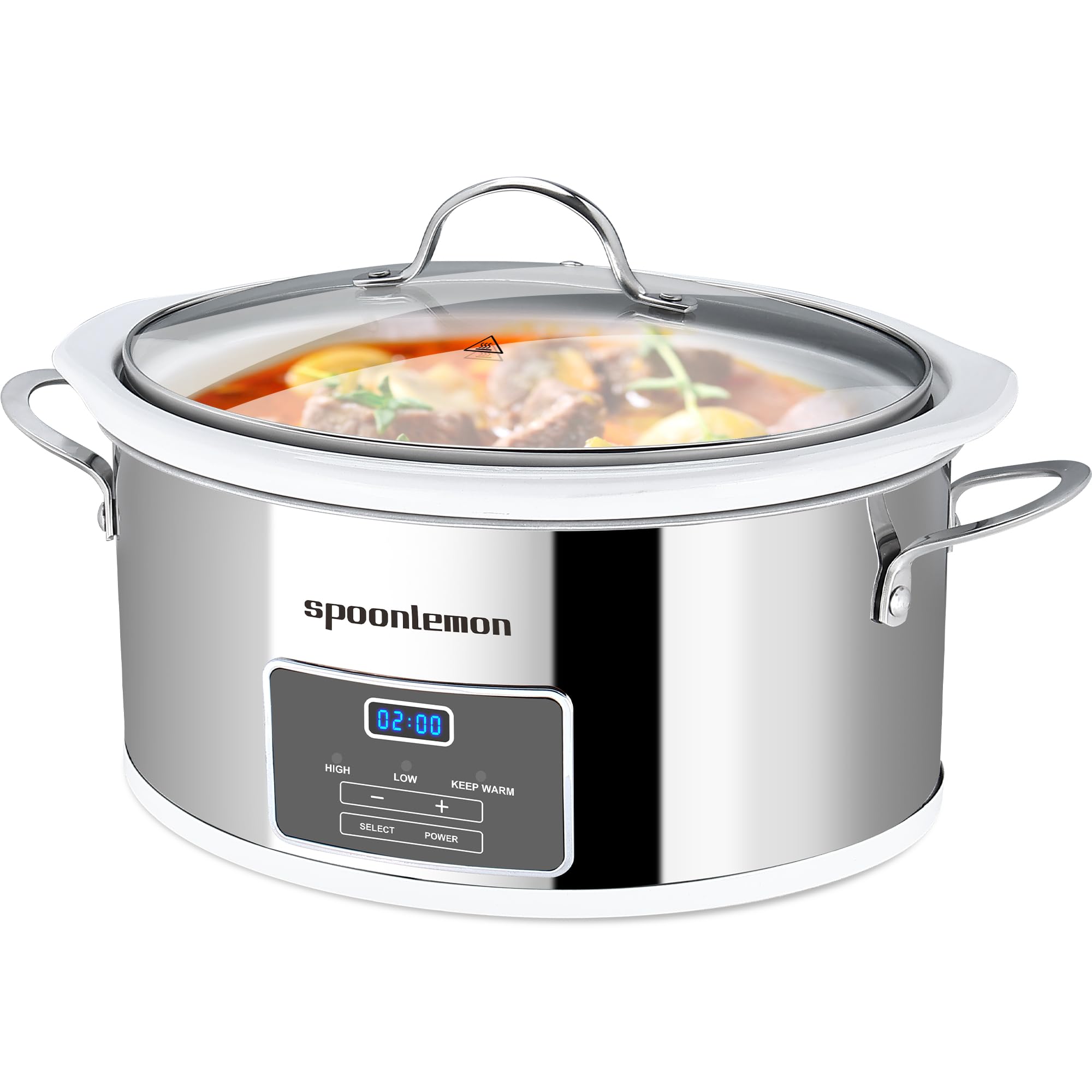 spoonlemon 6 QT Slow Cooker, 240W Stainless Steel Electric Crock Cooker with Digital 20H Timer & 3-Level Heat Settings, Oval White Ceramic Inner Pot for Family Dinners