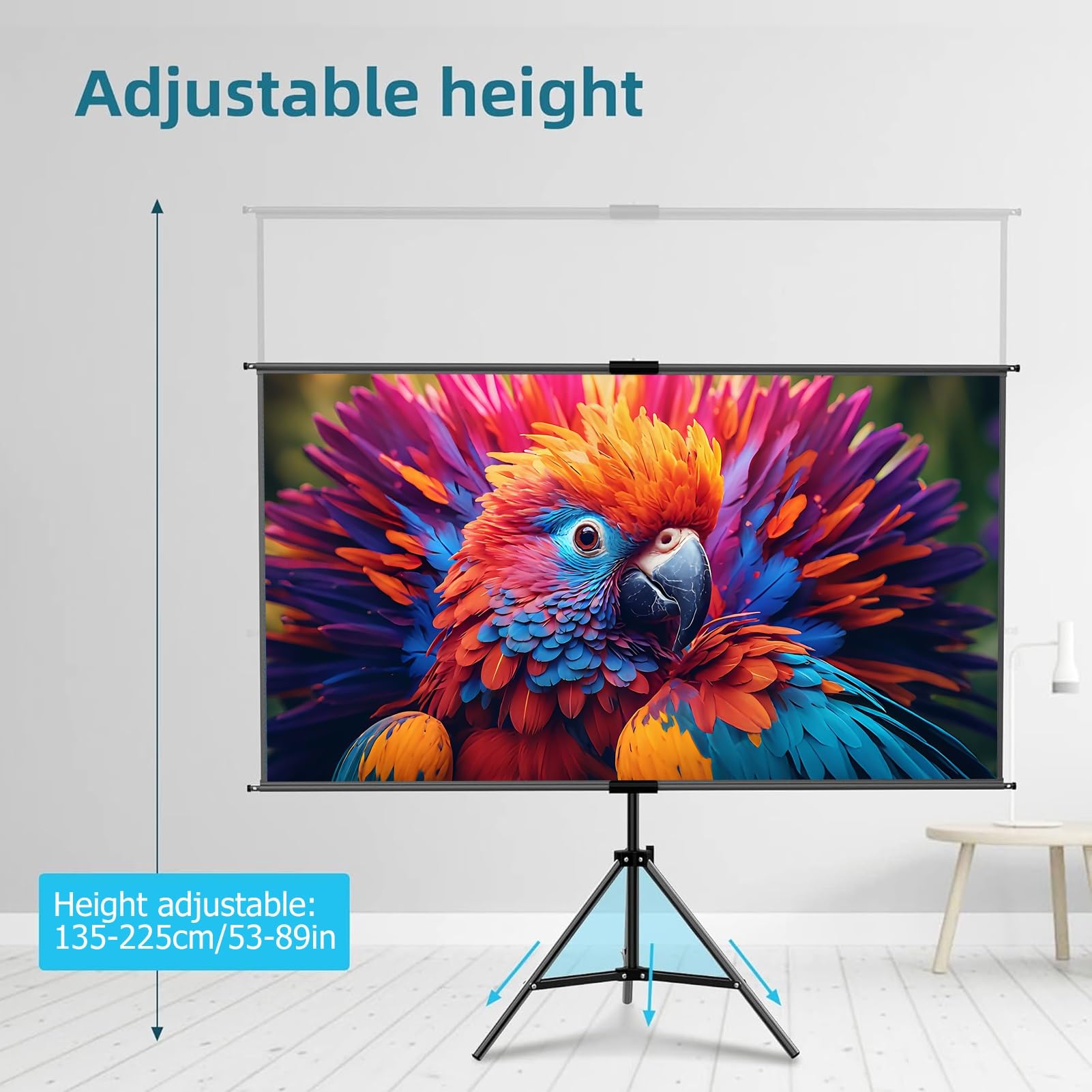 Schermo Proiettore con Treppiede, 4K HD Formato 16:9 Telo per Proiettore Leggera e Compatta, Grandangolo di 160 Gradi, per Casa, Home, Cinema, Esterno