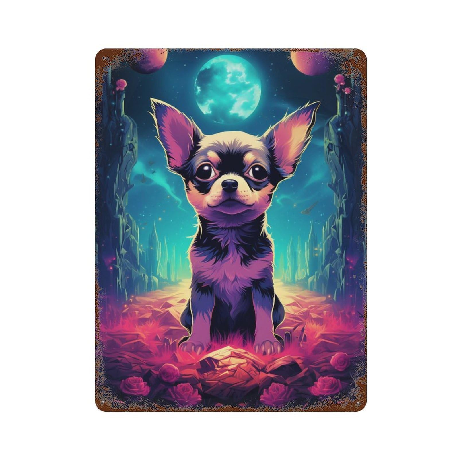 Fantasy Chihuahua in Space Vintage Rust Metal Sign 15.7"x11.8", for Basement, Hobby Room And Garage Decor, Retro Wall Decor