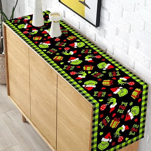 Miniatura 4 de Pudodo Camino de mesa Grinchmas Feliz Navidad, búfalo a cuadros para decoración de fiestas de invierno, chimenea, cocina, comedor, decoración del