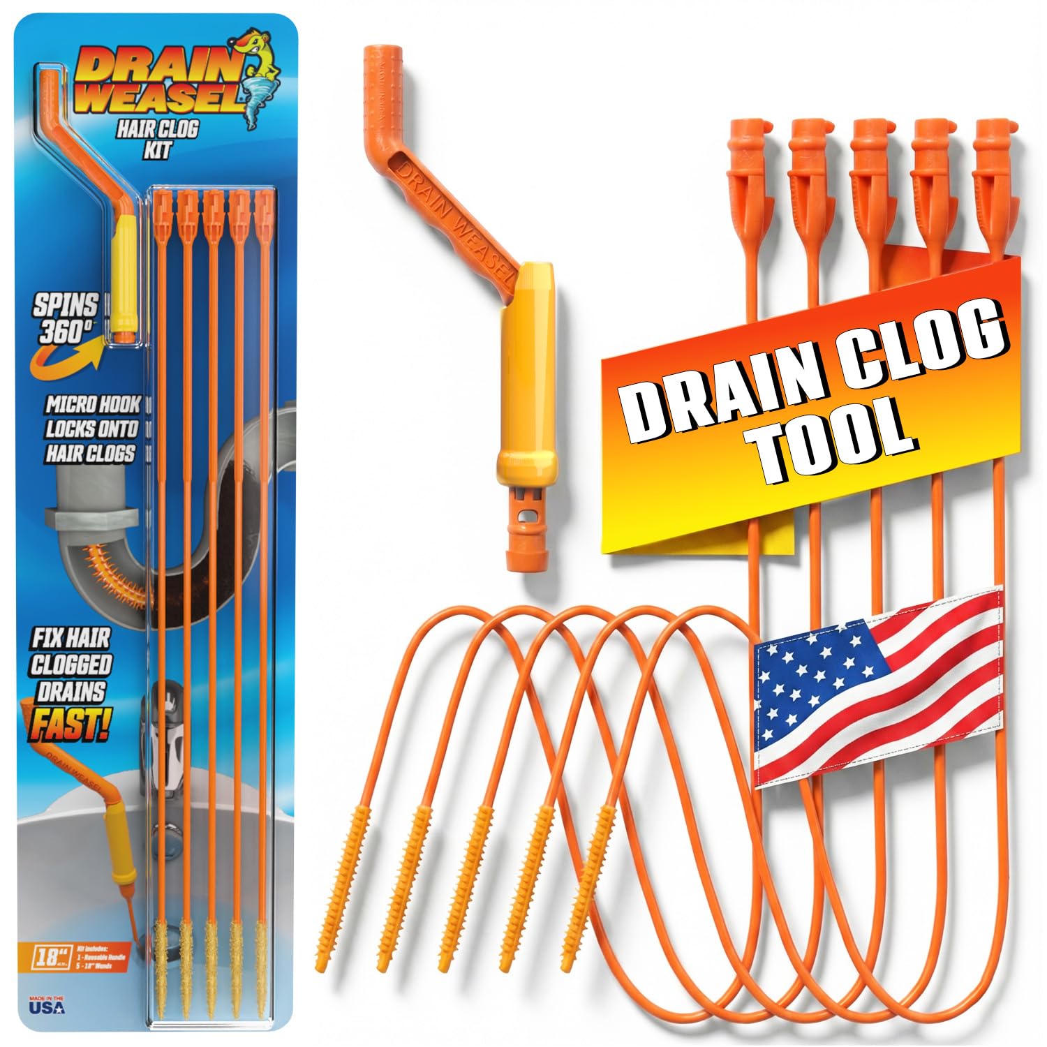 FlexiSnake Drain Weasel Sink Snake Hair Clog Remover Tool, Pipe, Bathroom, Bathtub Cleaner, 18-inch, Made in the USA, 5 Wands and Removable Handle