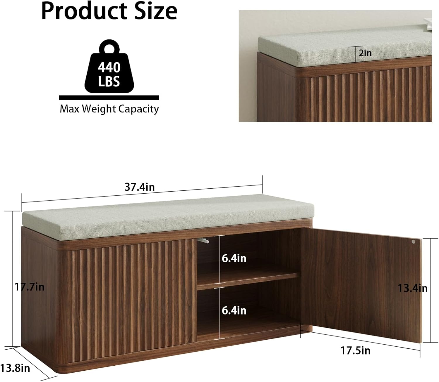Double Layered Shoe Cabinet with Bench,Wooden Shoe Bench with Soft Cushion,Double Door without Handle Pressing Spring,Fluted Panel,Suitable for Entrance,Corridor and Living Room (Shoe Bench-Walnut)