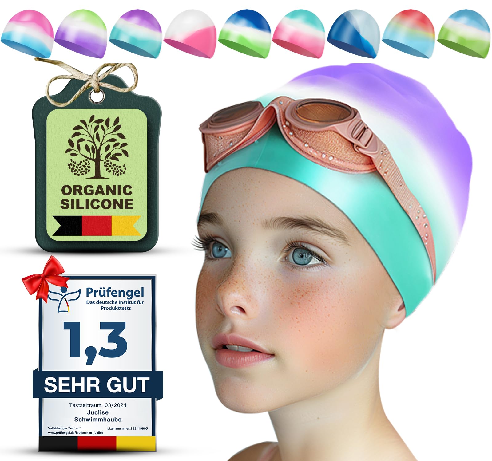 Juclise Silikon Badekappe Mädchen, Kinds und Jungen Wasserdicht für Lange und Kurze Haare UV Schutz, 1-2 Stück