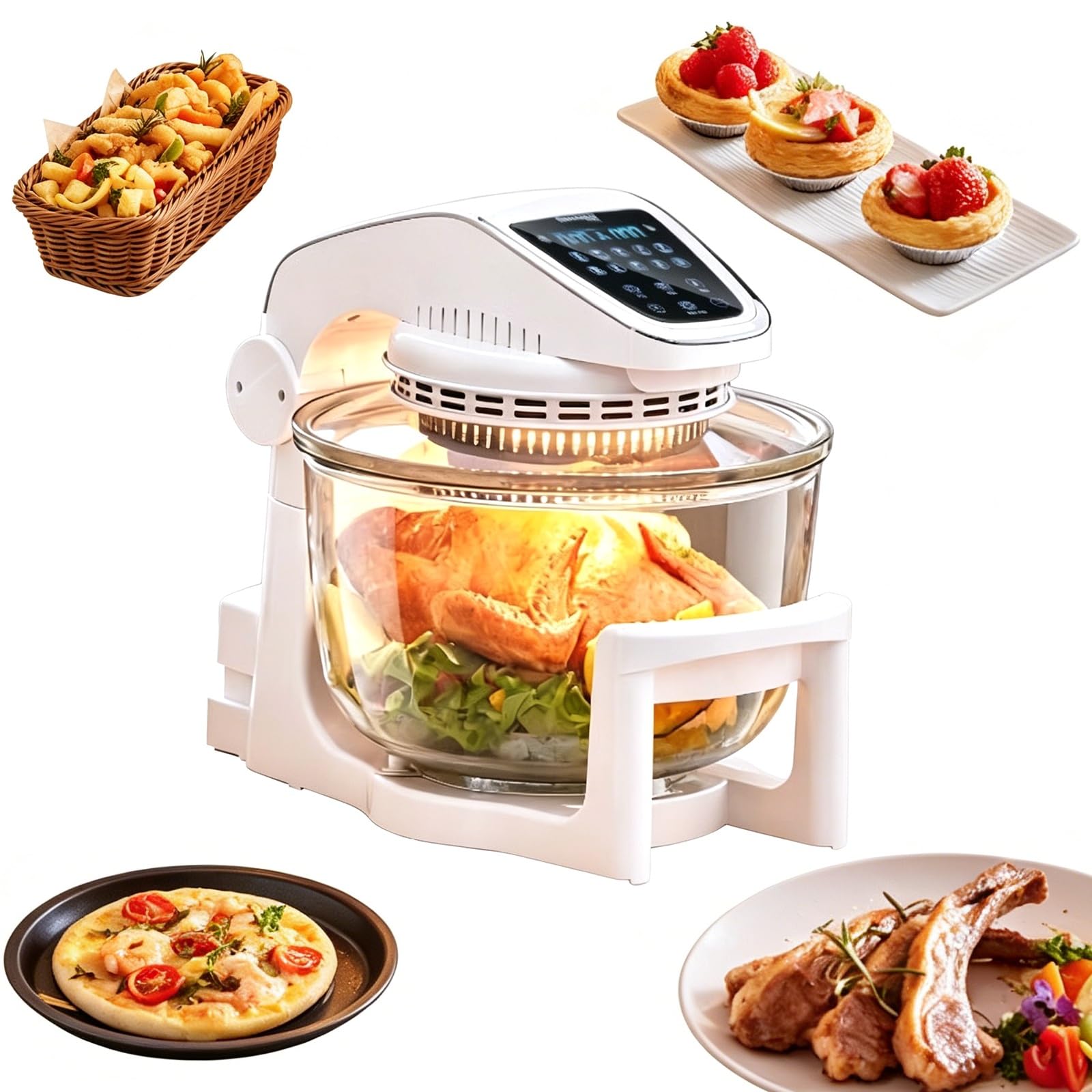 Frytkownica beztłuszczowa (air fryer) o dużej pojemności (7–10 l) z szklaną misą i podglądem procesu pieczenia; ogrzewanie halogenowe do pieczenia, smażenia i opiekania; łatwa regulacja i temperatury
