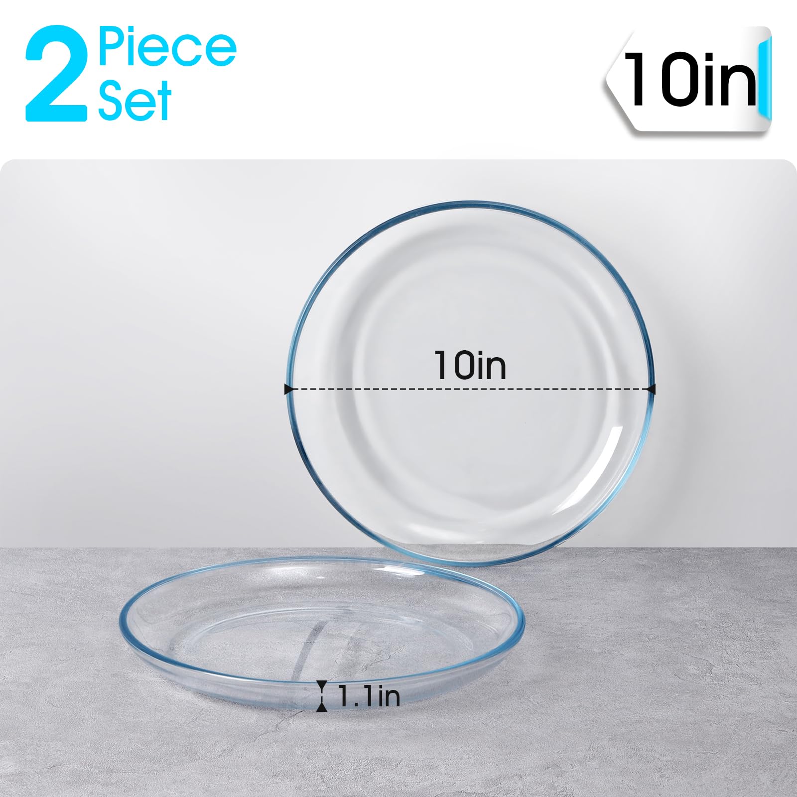 NUTRIUPS Paquete de 2 platos de vidrio templado transparente de 10 pulgadas, vajilla de vidrio templado para pasta, ensalada, lavavajillas y microondas