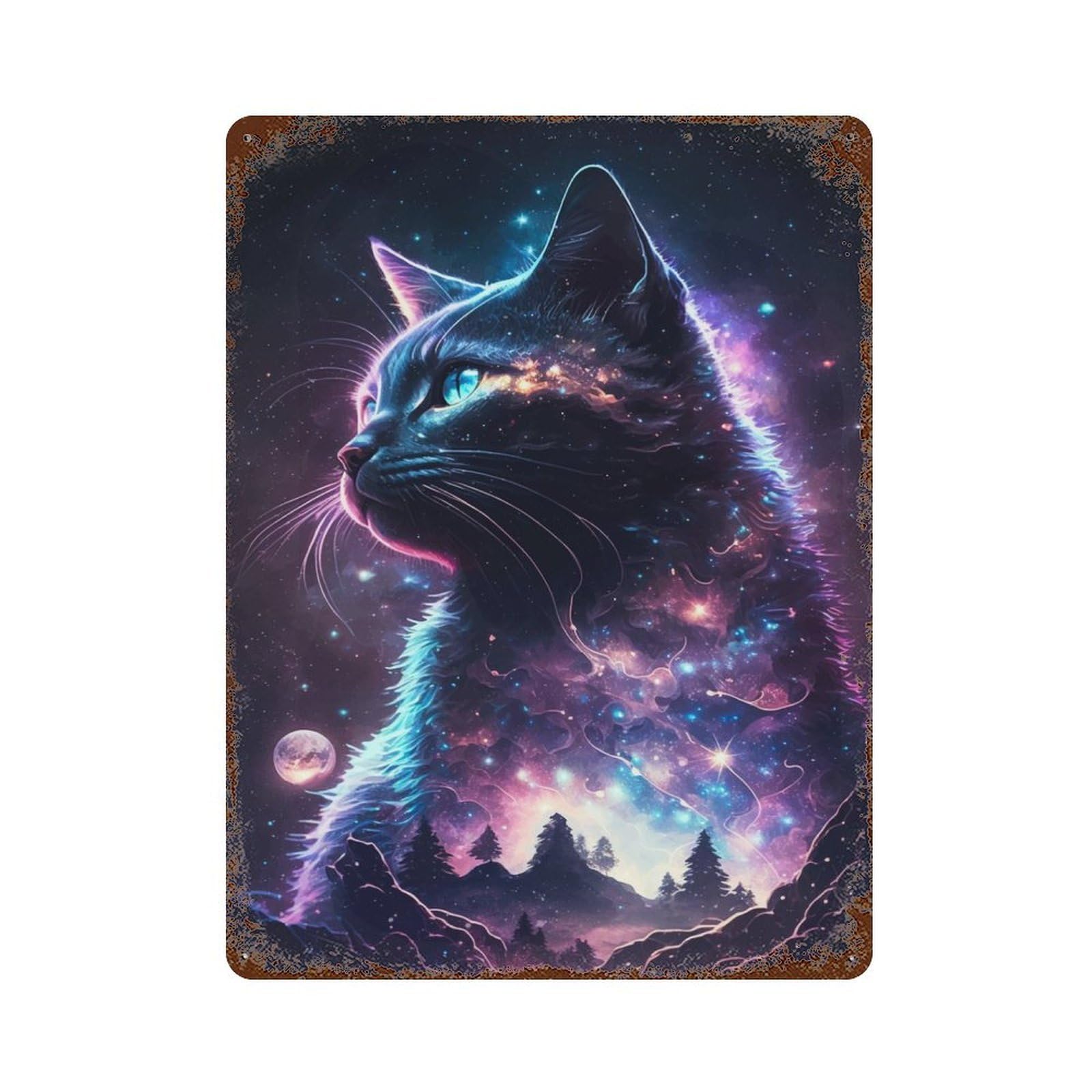 Cat Galaxy Rust Effect Tin Sign 15.7"x11.8", Ideal for Garage, Bar And Workshop Decor