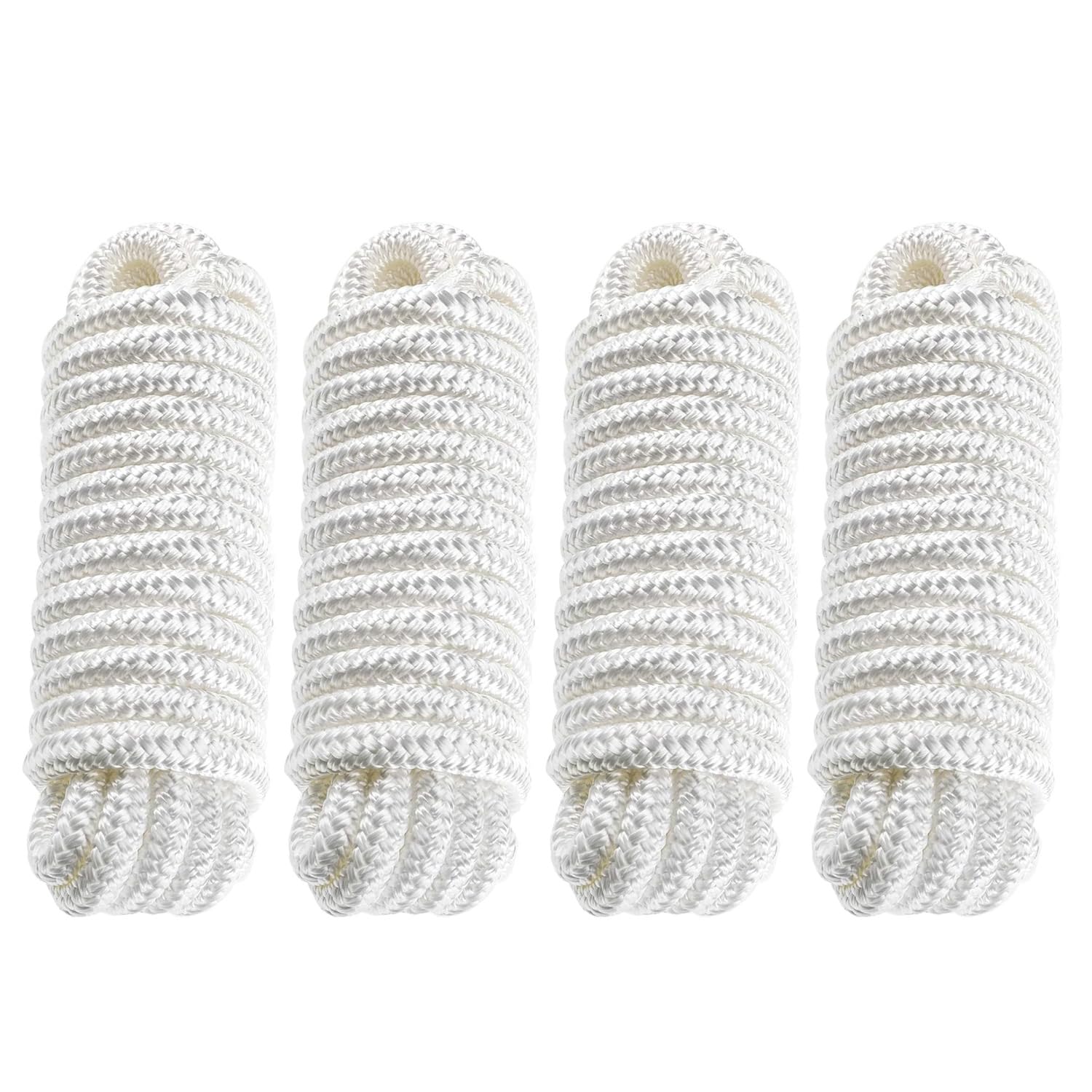 BOOMSTART Lot de 4 cordes d'amarrage de bateau de 16 mm avec œillet en nylon double tressé, diamètre 16 mm, longueur : 7,62 m, œil 38 cm, charge de rupture : 3970 kg, blanc