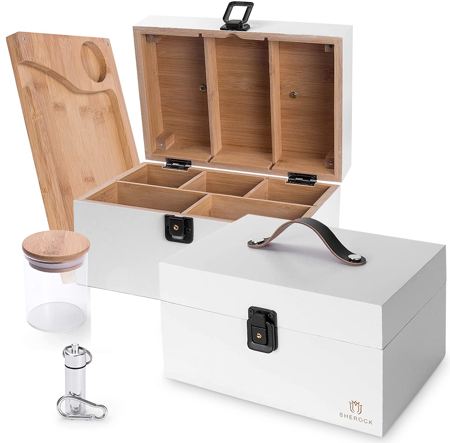 SHEROCK White Wooden Box, with Leather Carrying Handle Box with