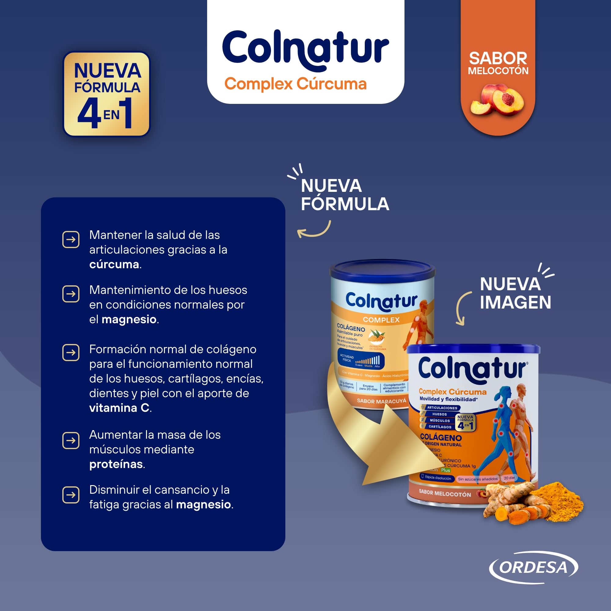 Colnatur Complex Cúrcuma Sabor Melocotón | 254g | Colágeno con Magnesio, Cúrcuma y Vitamina C para Músculos y Articulaciones