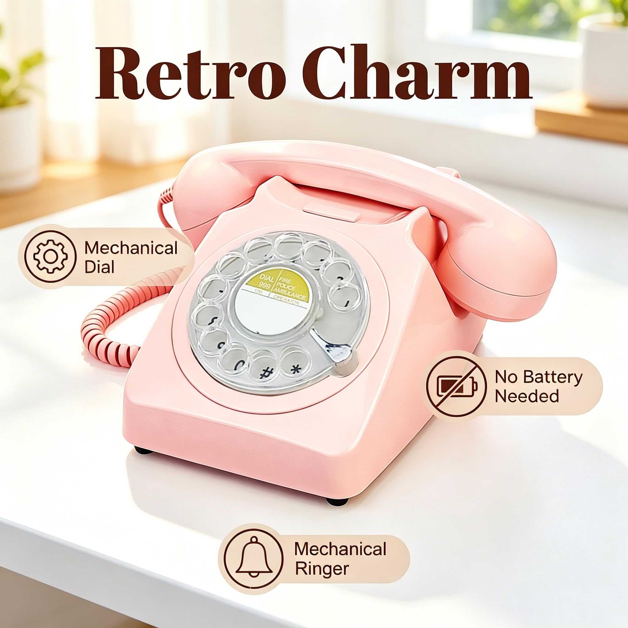 Amazon | ピンクのレトロなロータリー固定電話、1960年代ヴィンテージ