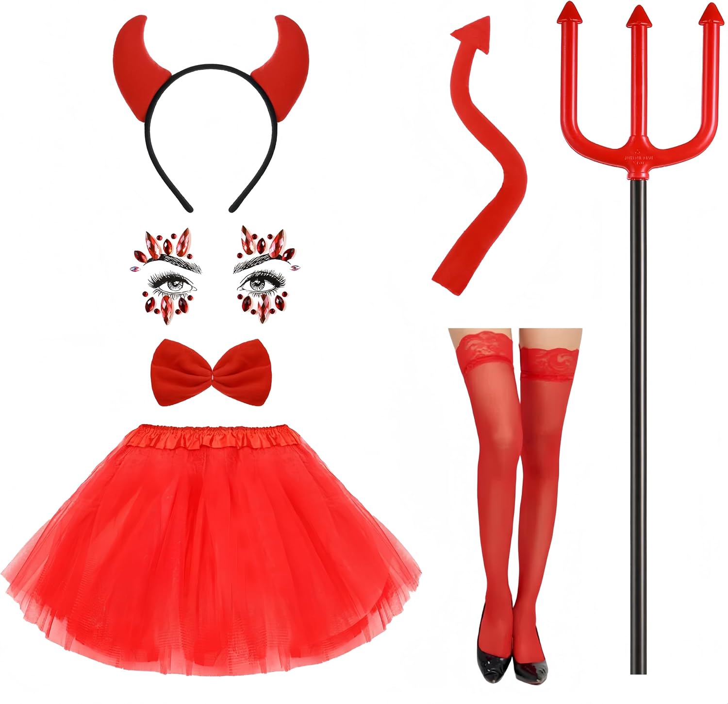 Landhoow 7 Pcs Halloween Devil Costume Set for women Devil Horn Headband Tail Glove Face Diamond Sticker Accessory for Cosplay Dress up