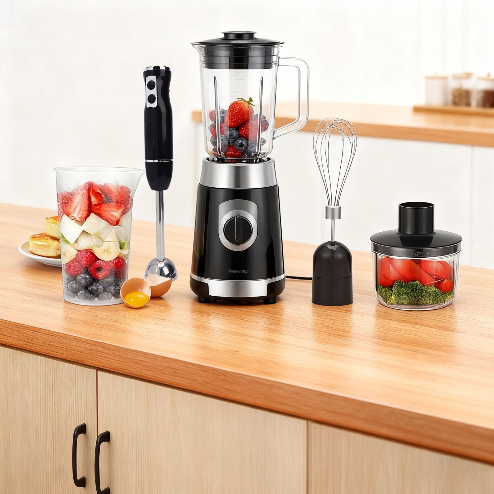 Zanurzeniowy Blender Ręczny, Mocny, Przenośny, Elektryczny Mikser Ręczny ze Stali Nierdzewnej o Mocy 400 W z Kubkiem Rozdrabniacza, miarką, trzepaczką, do Koktajli Zupowych (wtyczka UE)