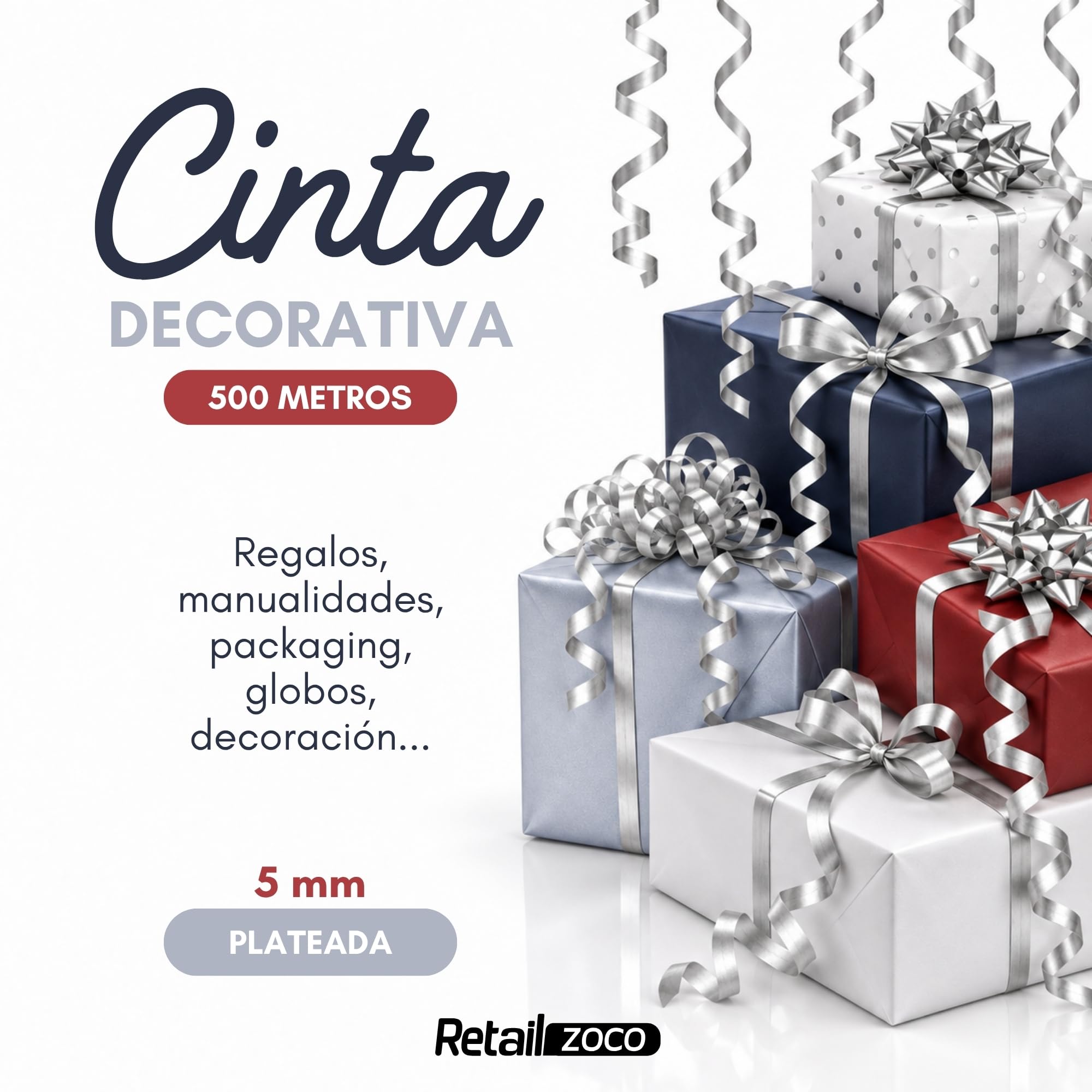 Cinta de regalo, cinta embalar para rizar, 5 mm ancho, 500 metros, Plateado - imagen 2