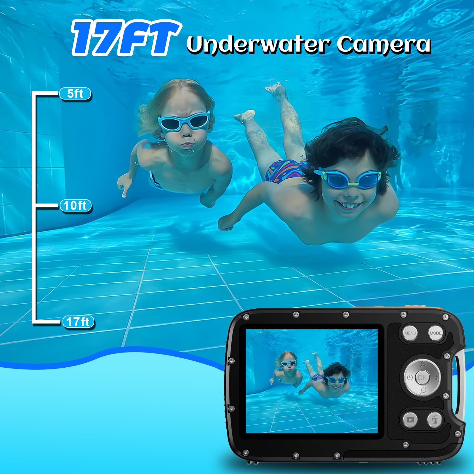 Appareil photo numérique étanche 4K 48 MP 5,2 m pour plongée avec tuba, caméra sous-marine double écran mise au point automatique avec carte de 32 Go, zoom 18x et lumière compacte