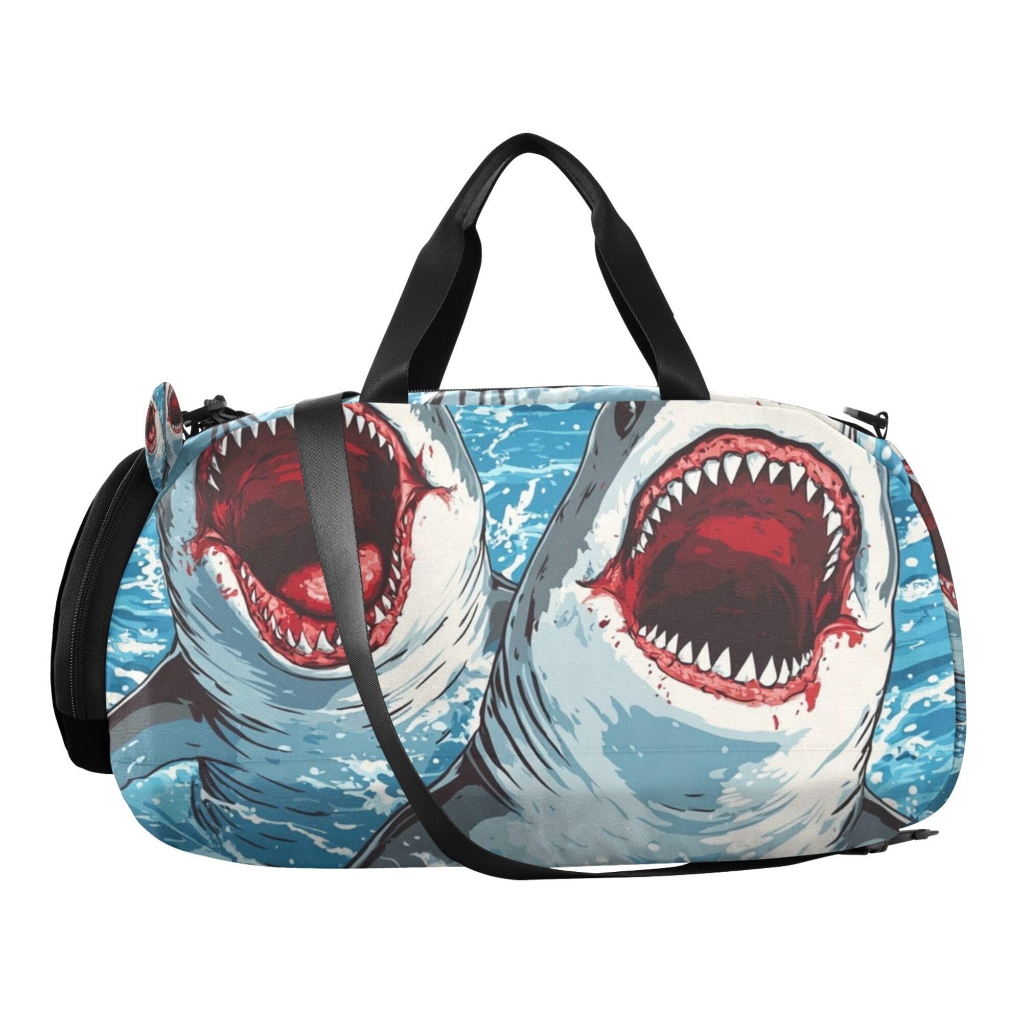 Glaphy Shark Heads Duffle Bag for Toddler Boys Girls, Gym Sports Bag with Shoe Compartments, Kids Travel Overnight Weekender Shoulder Bag
