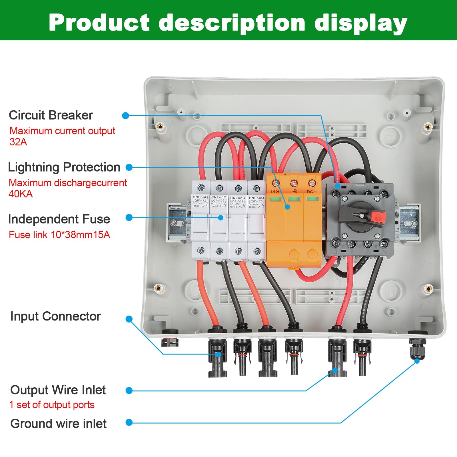 DEWIN Solar PV Combiner Box, 2 in 1 Out 2 String DC 1000V 32A Kombinierer Box 15A Sicherungen Sicherungshalter Trennschalter und Überspannungsschutz mit Wasserdichter Gehäuse