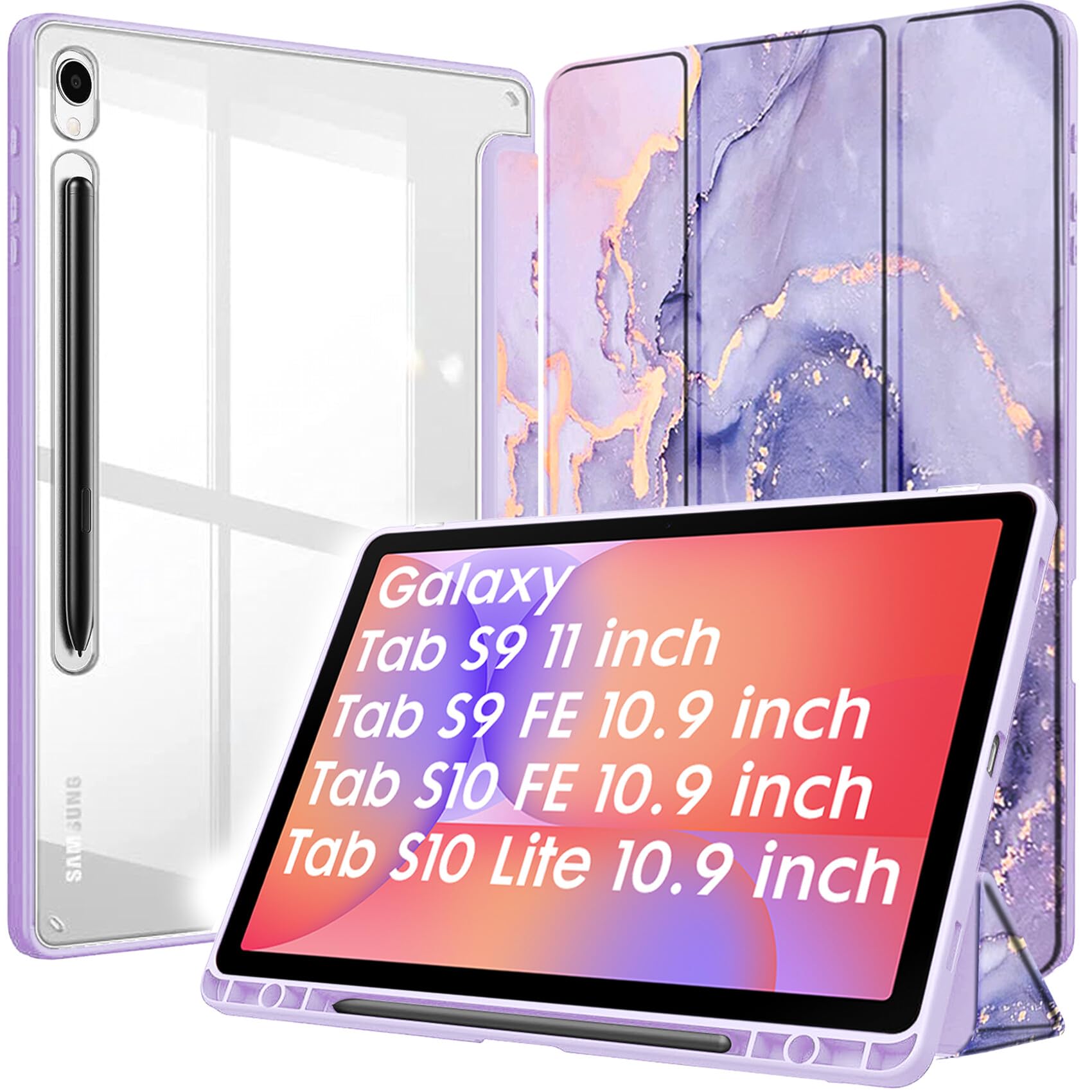 robustrion cover for samsung galaxy tab s10 fe 10.9 inch / s9 fe 10.9" / s9 11" case with [s pen holder],hybrid flip cover for samsung tab s9/ s9 fe/ s10 fe tablet [auto sleep wake] - marble lilac