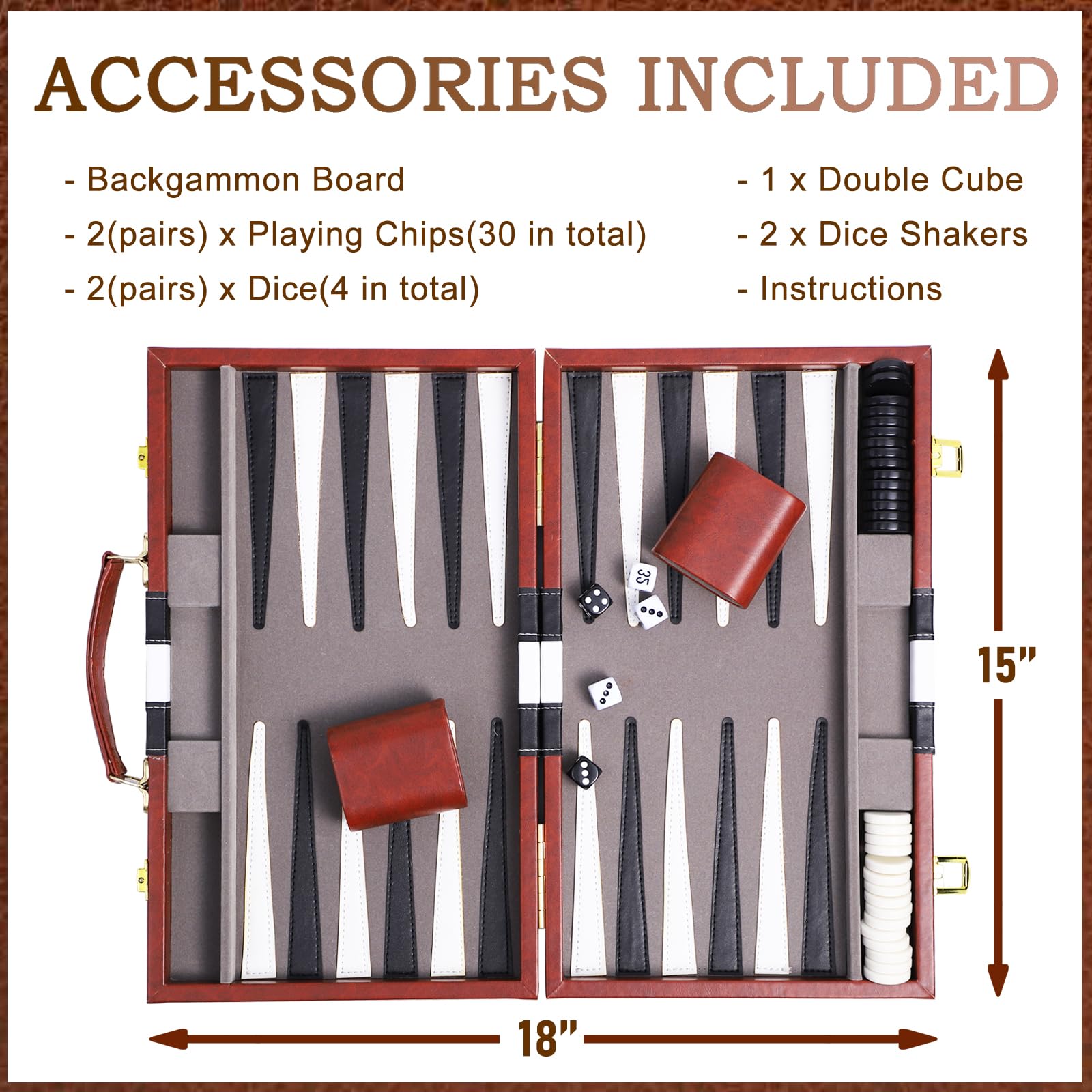 15 Inch Backgammon Set With Leather Case - Portable Travel Board Game For Adults & Kids
