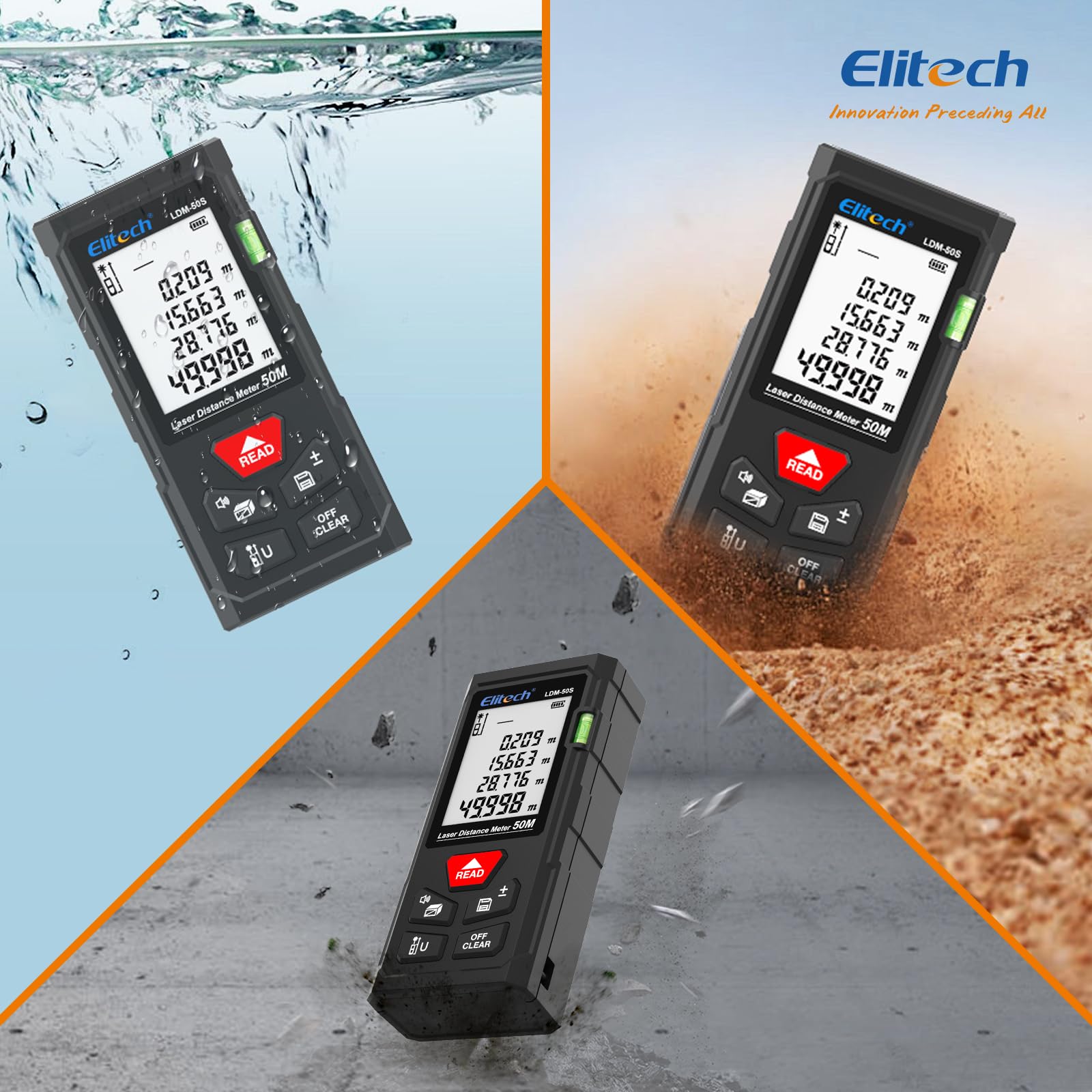 Elitech Télémètre Laser 50m Metre Laser Numérique Mesure Longueur Surface Volume Pythagore, 99 Mémoires, Niveau à Bulle Intégré, Unités Commutables Ft/in/m