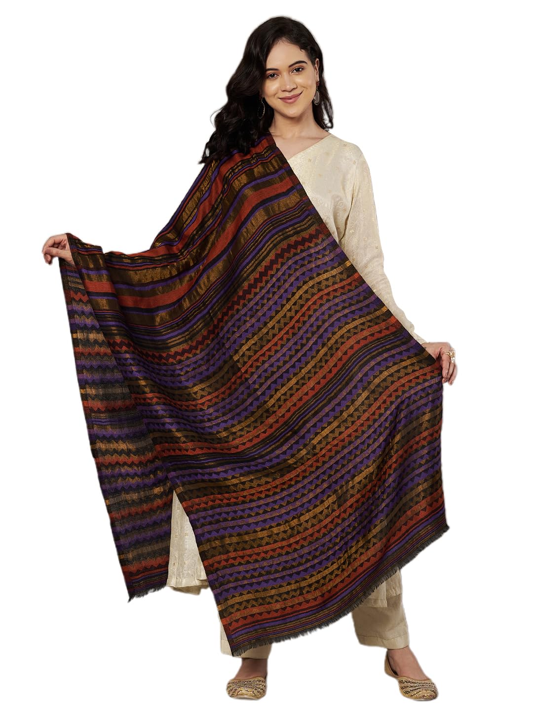 Women Wool Stole with Zari, Zig-Zag & Striped Pattern Reversible Stole, Woven Wool Stoles for Womens - Size (28 inch x 80 inch)-image-29