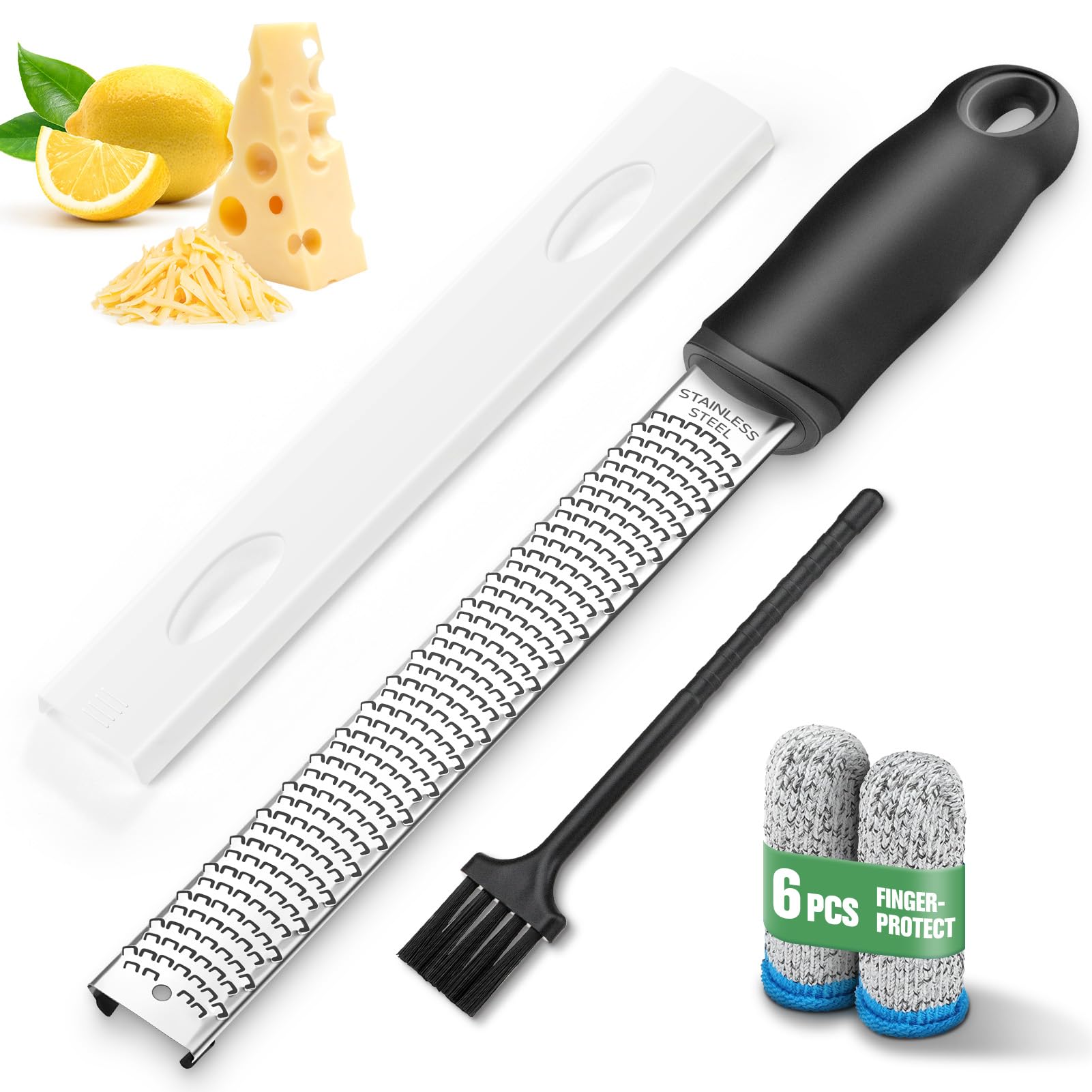 NEUTYPECHIC Zester Grater, Cheese Lemon Grater Stainless Steel, Parmesan Grater Dishwasher Safe, with 6 Finger Guards and Protective Cover, for Nutmeg Cheese Fruit