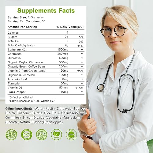 Miniatura 2 de Gomitas de suplemento de berberina sin azúcar, berberina original HCL de 1500 mg con canela de Ceilán, quercetina, multivitamínico, apoyo a la