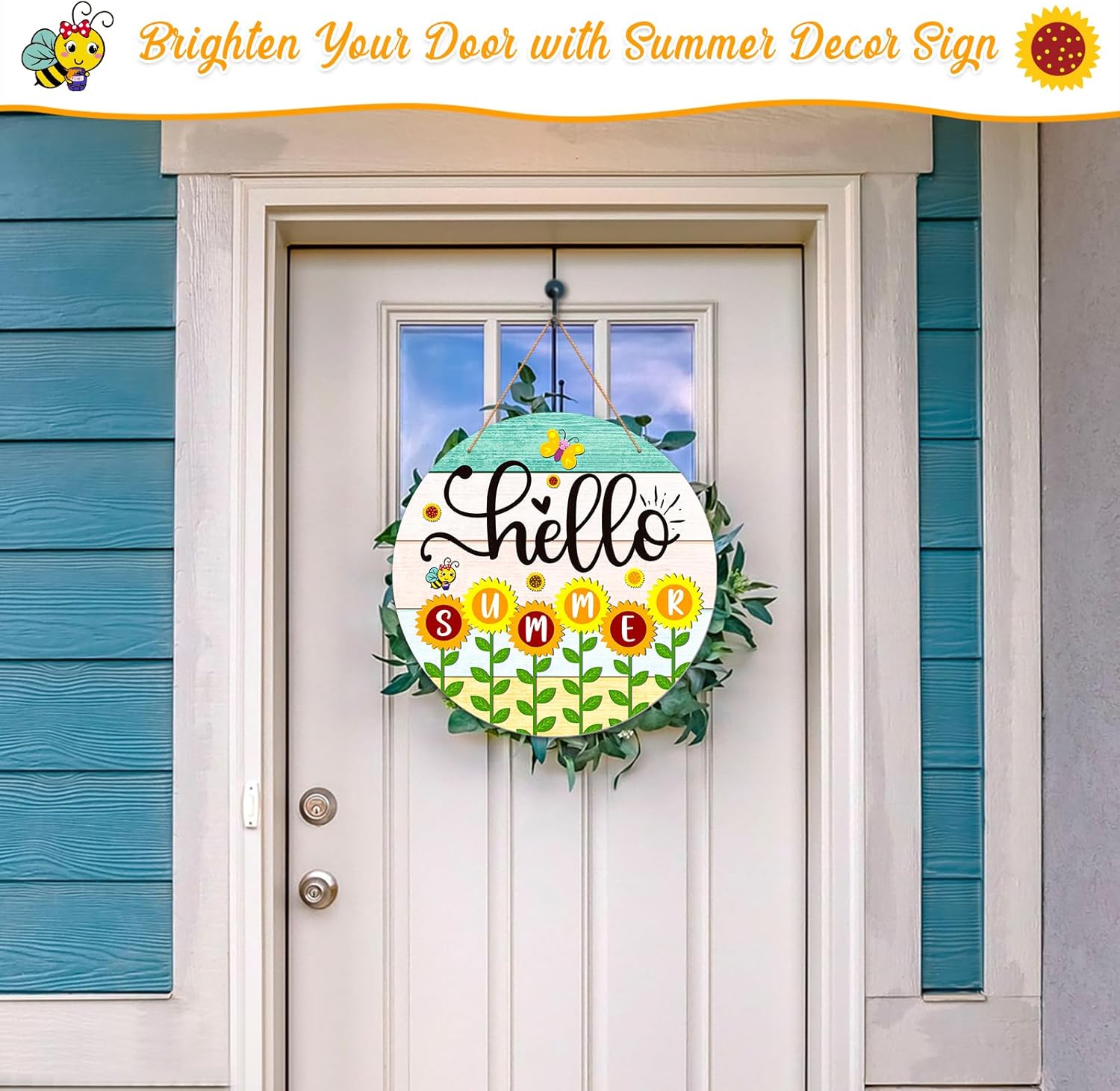 Hello Summer Door Sign - 11.5" Farmhouse Sunflower Hanging Sign for Front Door Summer Door Wreath Welcome Decorations Sign for Home Porch Indoor Outdoor - Image 2