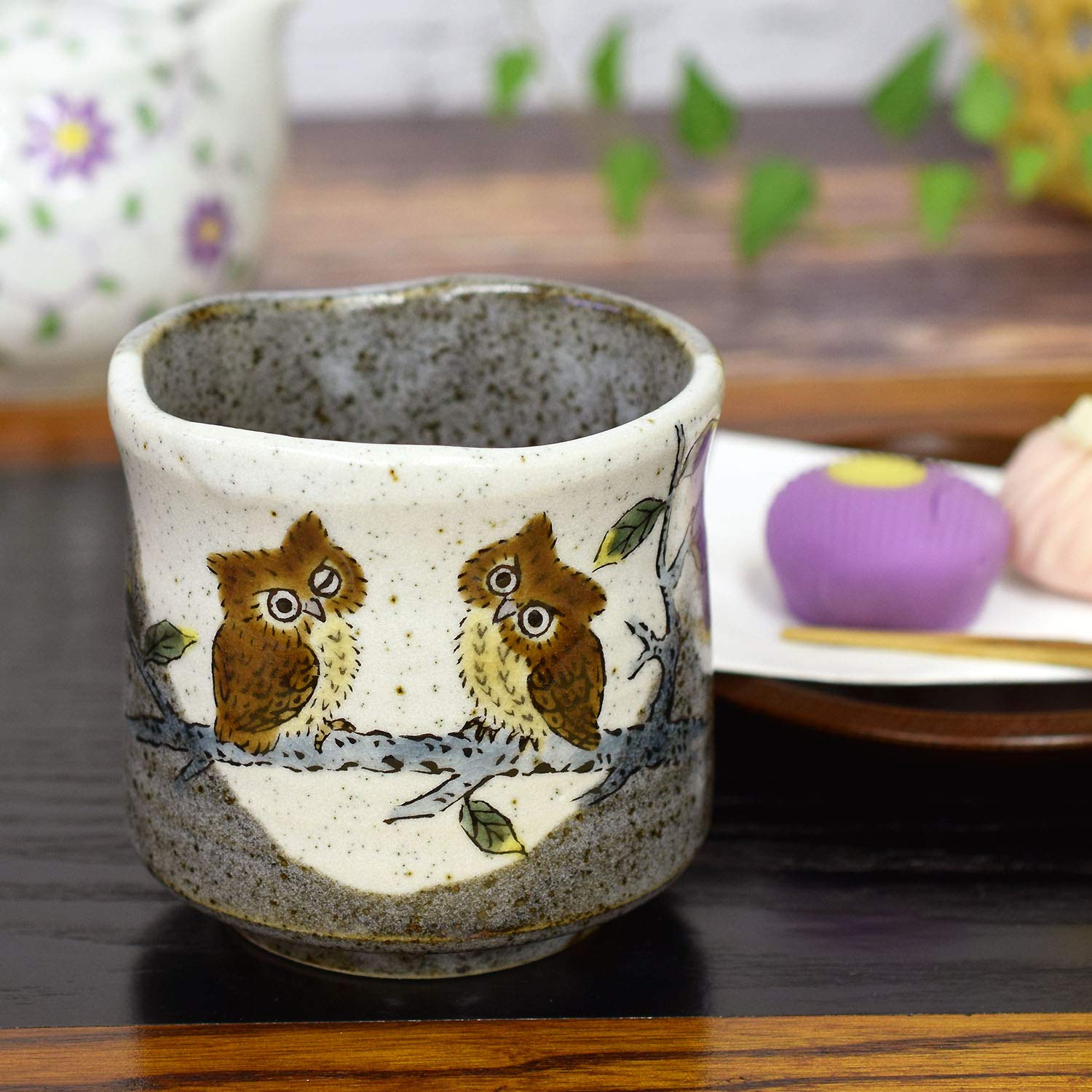Waza no Kutani Ware Tea Cup Owl Large Tea Cup Ceramic Brand Japanese Dinnerware Made in Japan Birthday Gift Sixtieth Birthday Celebration Old School Celebration Umbrella Celebration Gift : Home & Kitc
